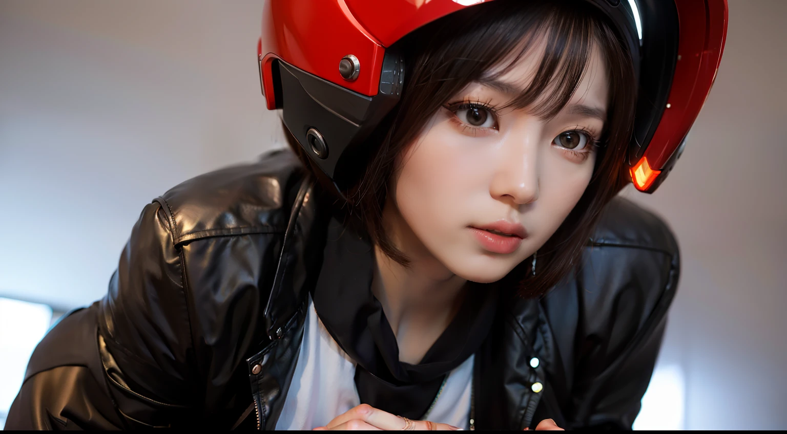 Highest image quality, outstanding details, super high resolution, (fidelity: 1.4), the best illustration, favor details, highly condensed 1girl, with a delicate and beautiful face, dressed in a red-black mech, (torn clothes: 1.5), (skirt), wearing a mecha helmet, holding a directional controller, riding on a motorcycle, the background is a high-tech lighting scene of the future city.