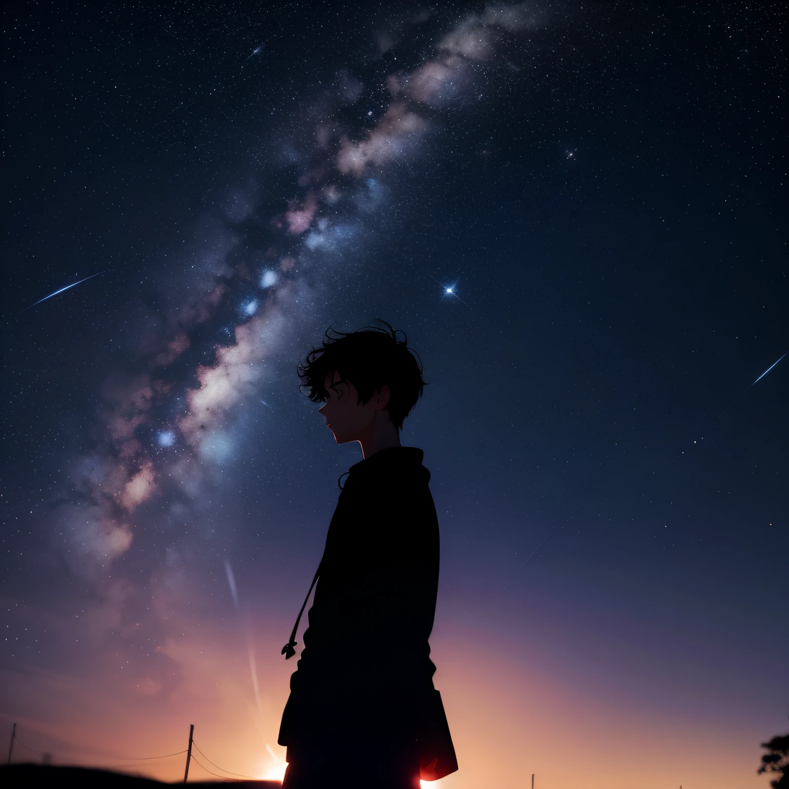 The silhouette of a ager as the subject，The background is full of stars，The boy held a galaxy in his hand