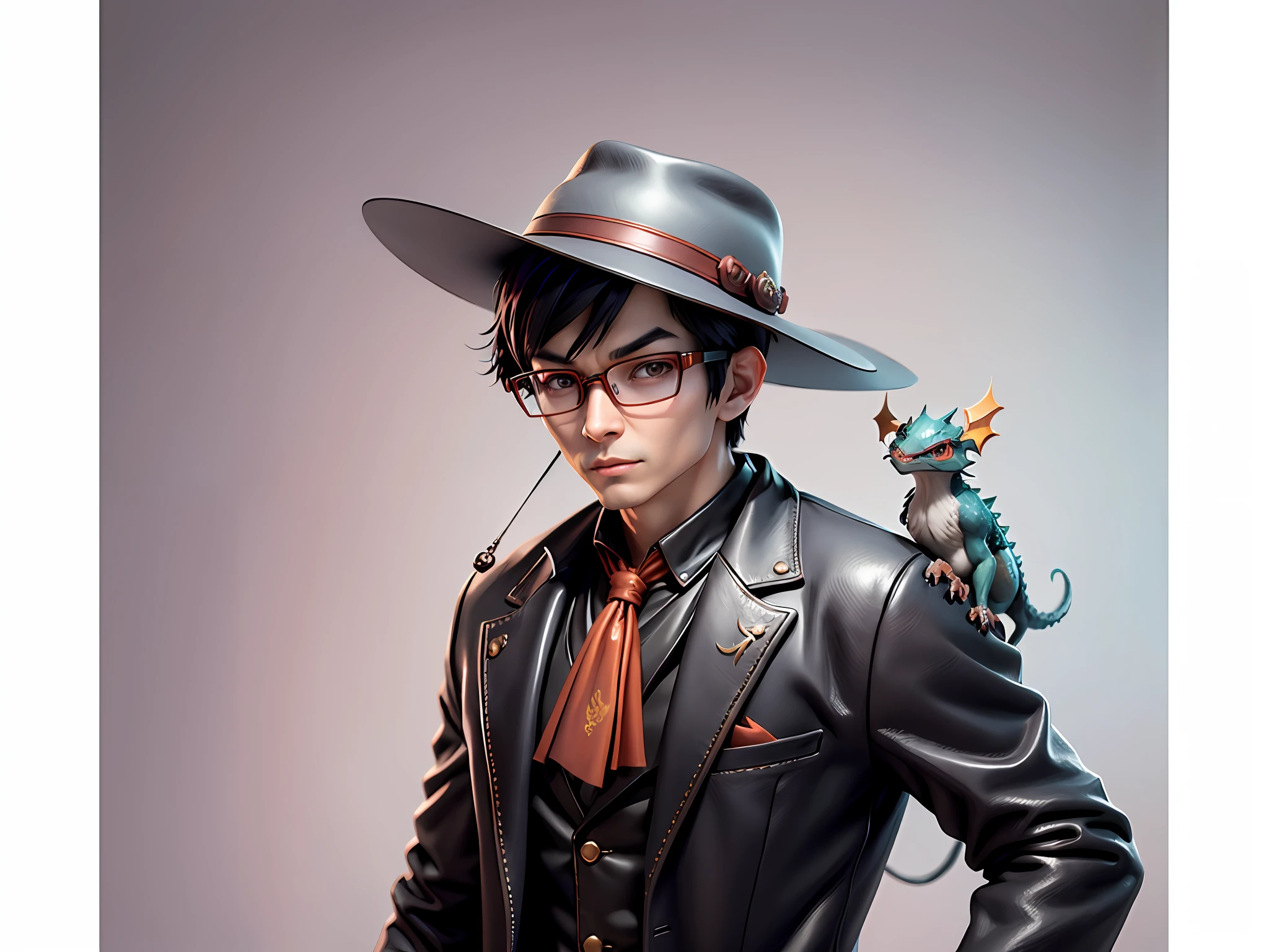 Young man with oriental face in leather hat, dragon, formal suit, short black hair, silver glasses, digital painting, 3D character design by Mark Clairedon and Pixar and Hayao Miyazaki and Akira Toriyama, the illustration is a high-definition illustration in 4K resolution with very detailed facial features and cartoon-style visuals.