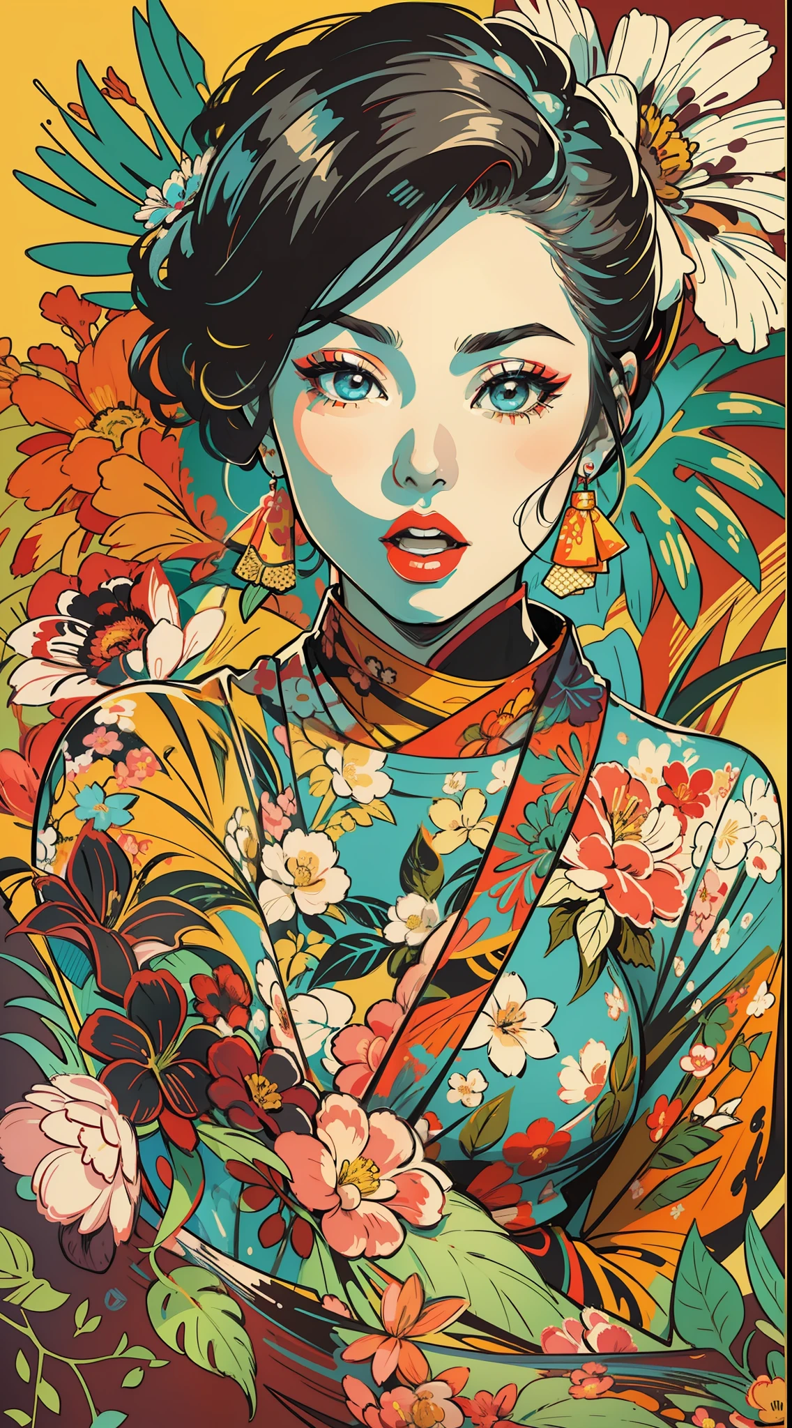 Create a digital art work in pop art style, featureing a vibrant and confident asian woman with bold makeup and colorfull fashion, cinematic color scheme, surrounded by vintage flowers patterns, energtic brushstrokes,the mood should be dynamic, upper body, drawing, illustration, grayscale, tropical, vintage fruits, vintage plants, many flowers, vector
