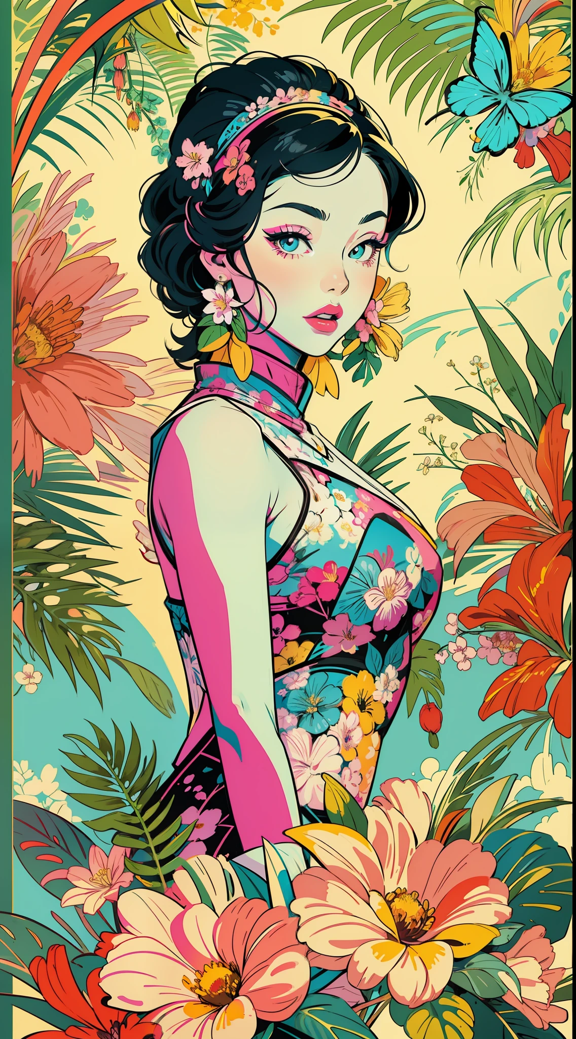 Create a digital art work in pop art style, featureing a vibrant and confident asian woman with bold makeup and colorfull fashion, cinematic color scheme, surrounded by vintage flowers patterns, energtic brushstrokes,the mood should be dynamic, upper body, drawing, illustration, grayscale, tropical, vintage fruits, vintage plants, many flowers, vector