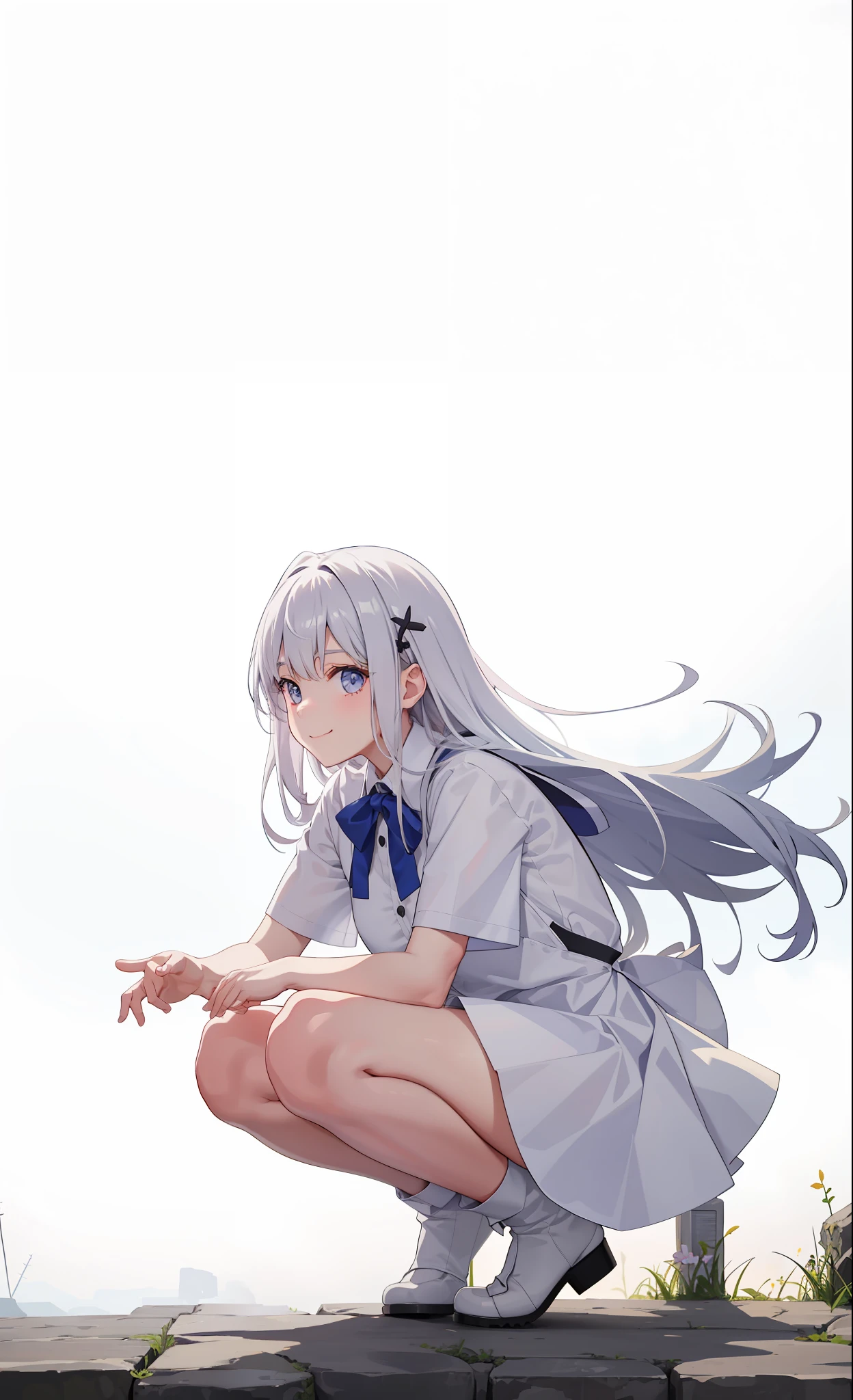 1girl in、A smile、The shirt、skirt by the、White fluffy dress、(small tits)、Chilarism、movement、the wind、crouching down、