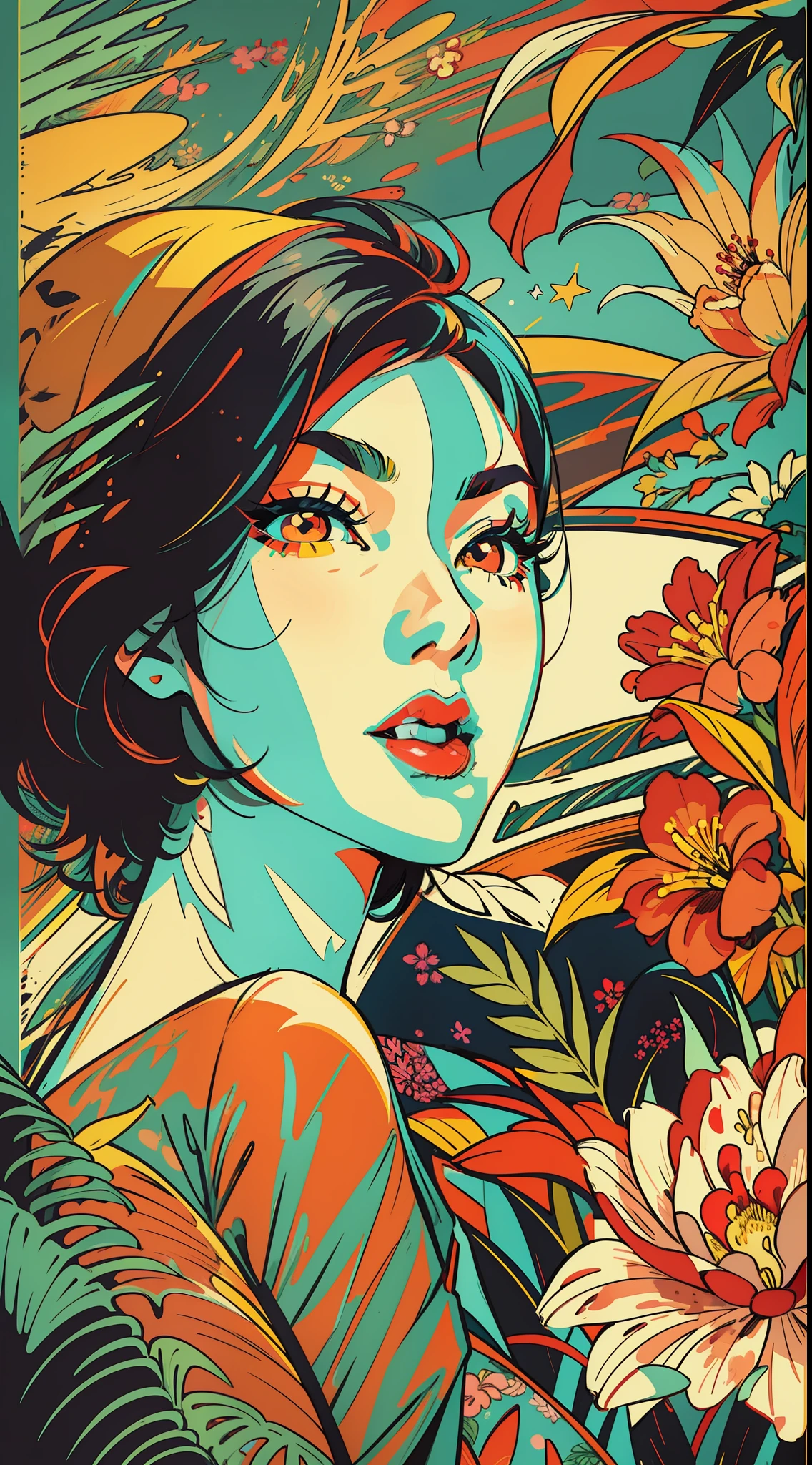 Create a digital art work in pop art style, featureing a vibrant and confident asian woman with bold makeup and colorfull fashion, cinematic color scheme, surrounded by vintage flowers patterns, energtic brushstrokes,the mood should be dynamic, upper body, drawing, illustration, grayscale, tropical, vintage fruits, vintage plants, many flowers, vector