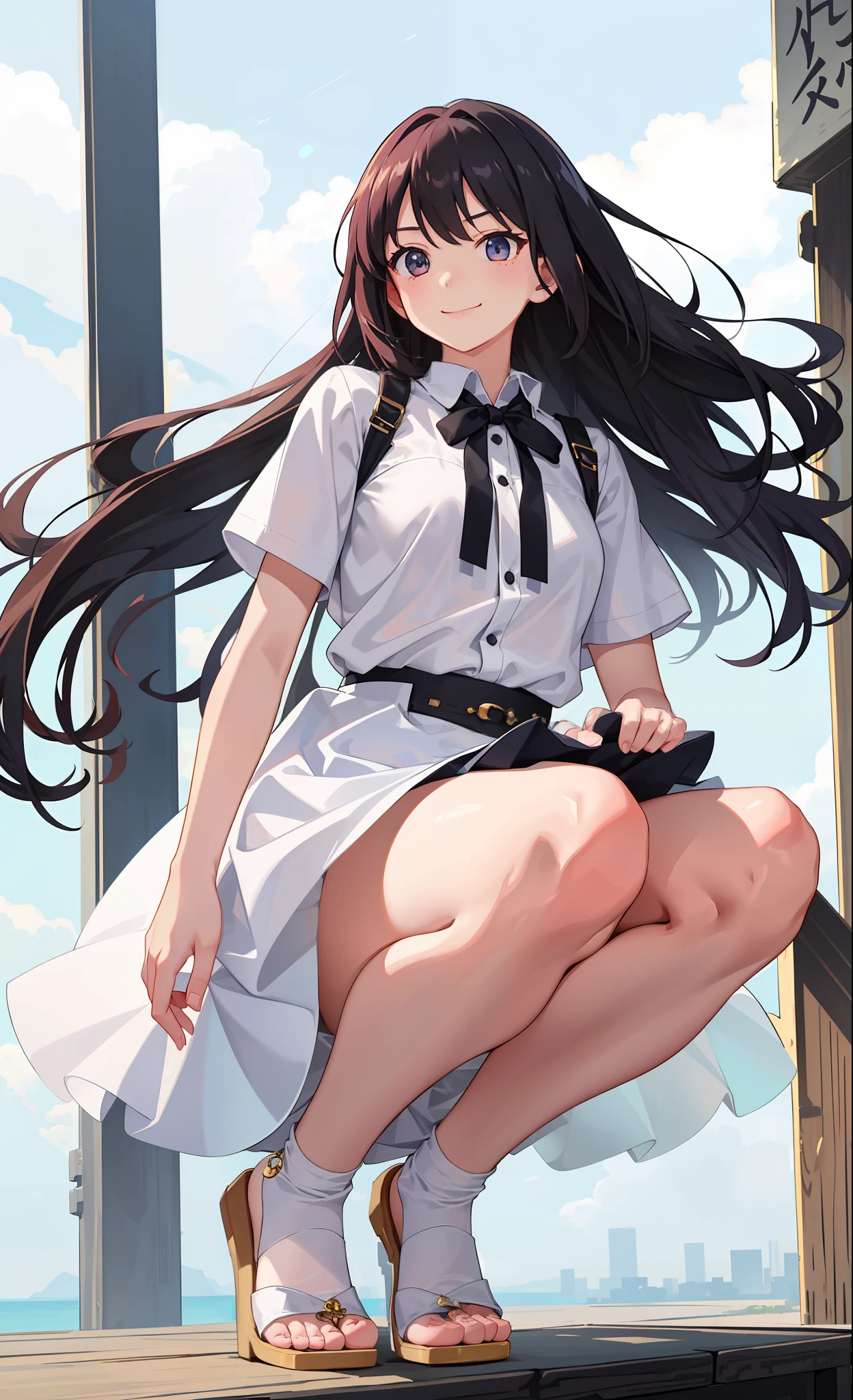 1girl in、A smile、The shirt、skirt by the、White fluffy dress、(small tits)、Chilarism、movement、the wind、crouching down、
