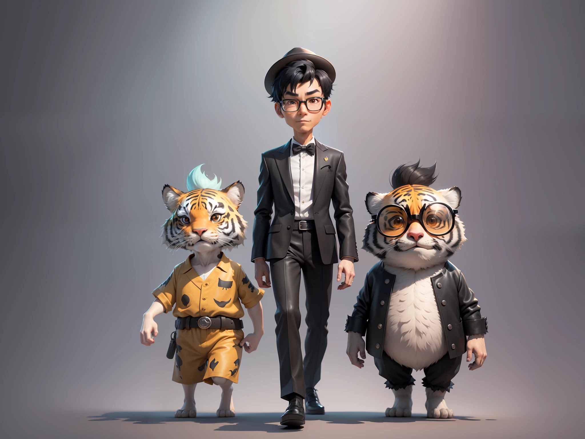 Young man with oriental face in leather hat, tiger, oriental face in formal suit, short black hair, silver glasses, digital painting, 3D character design by Mark Clairedon and Pixar and Hayao Miyazaki and Akira Toriyama, the illustration is a high-definition illustration in 4K resolution with very detailed facial features and cartoon-style visuals.