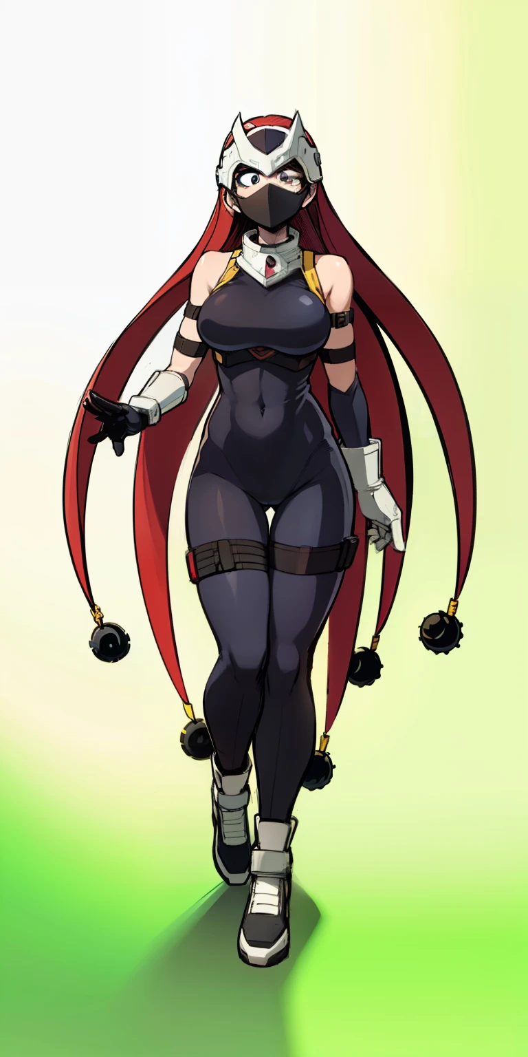 My Hero Academia style, anime Girl, female, Wide thighs, wide hips, Large breast, hero costume, full body suit, Covered face, Mask, covered eyes, eye mask,