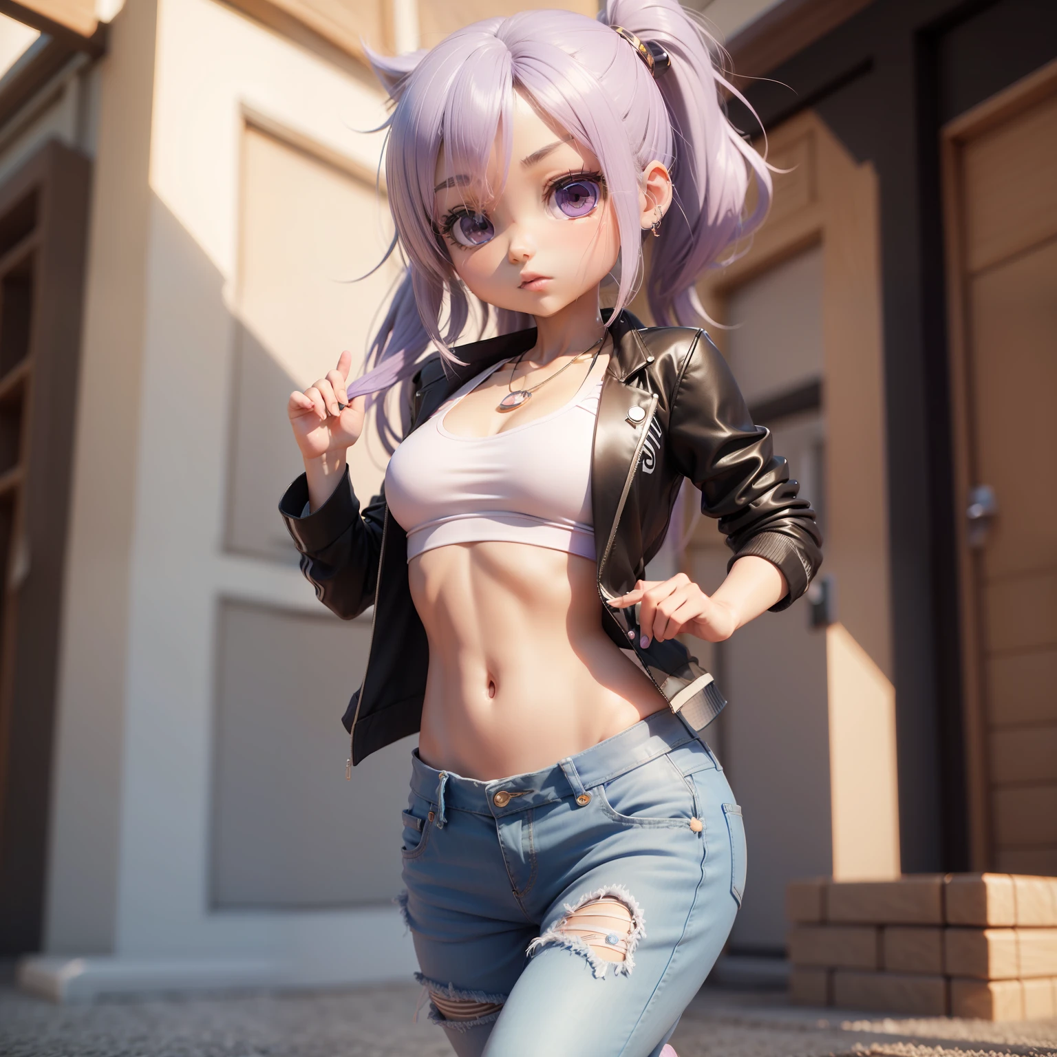 (((chibi3d)))cute and beautiful chibi anime//sports bra, Oversized blazer, boyfriend jeans, Kiltie slippers, Amethyst necklace