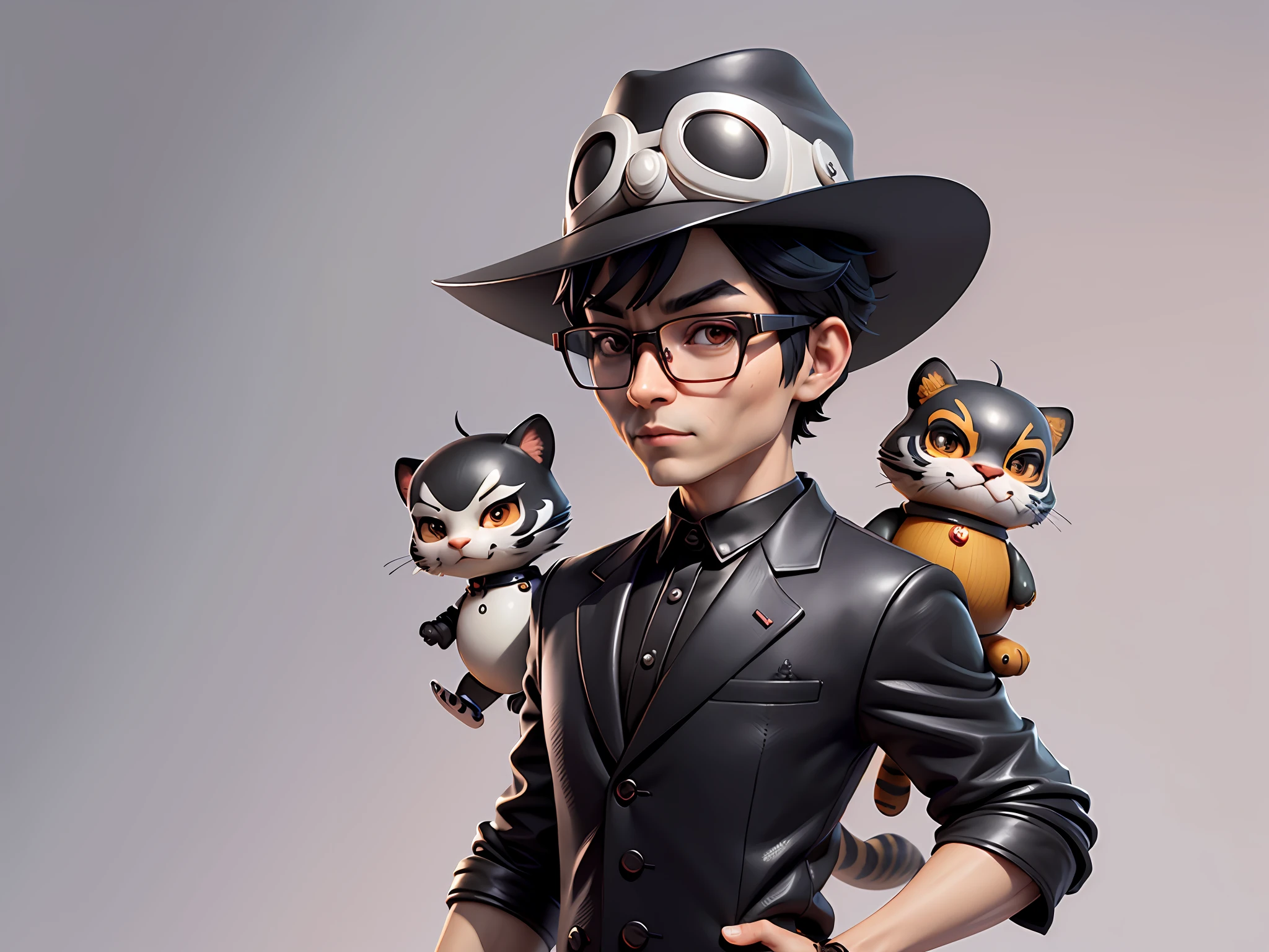 Young man with oriental face in leather hat, tiger, oriental face in formal suit, short black hair, silver glasses, digital painting, 3D character design by Mark Clairedon and Pixar and Hayao Miyazaki and Akira Toriyama, the illustration is a high-definition illustration in 4K resolution with very detailed facial features and cartoon-style visuals.