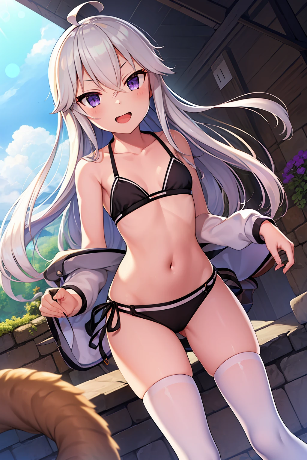 1girl, :d, ahoge, bikini, black_bikini, bracelet, breasts, clothes_lift, front-tie_top, full_body, hood, hoodie, jewelry, long_hair, looking_at_viewer, mercenary_(zero_kara_hajimeru_mahou_no_sho), navel, open_mouth, purple_eyes, sandals, shizuma_yoshinori, side-tie_bikini_bottom, sidelocks, silver_hair, skirt, skirt_lift, small_breasts, smile, solo, swimsuit, thigh_strap, tiger_boy, transparent_background, zero_(zero_kara_hajimeru_mahou_no_sho), zero_kara_hajimeru_mahou_no_sho