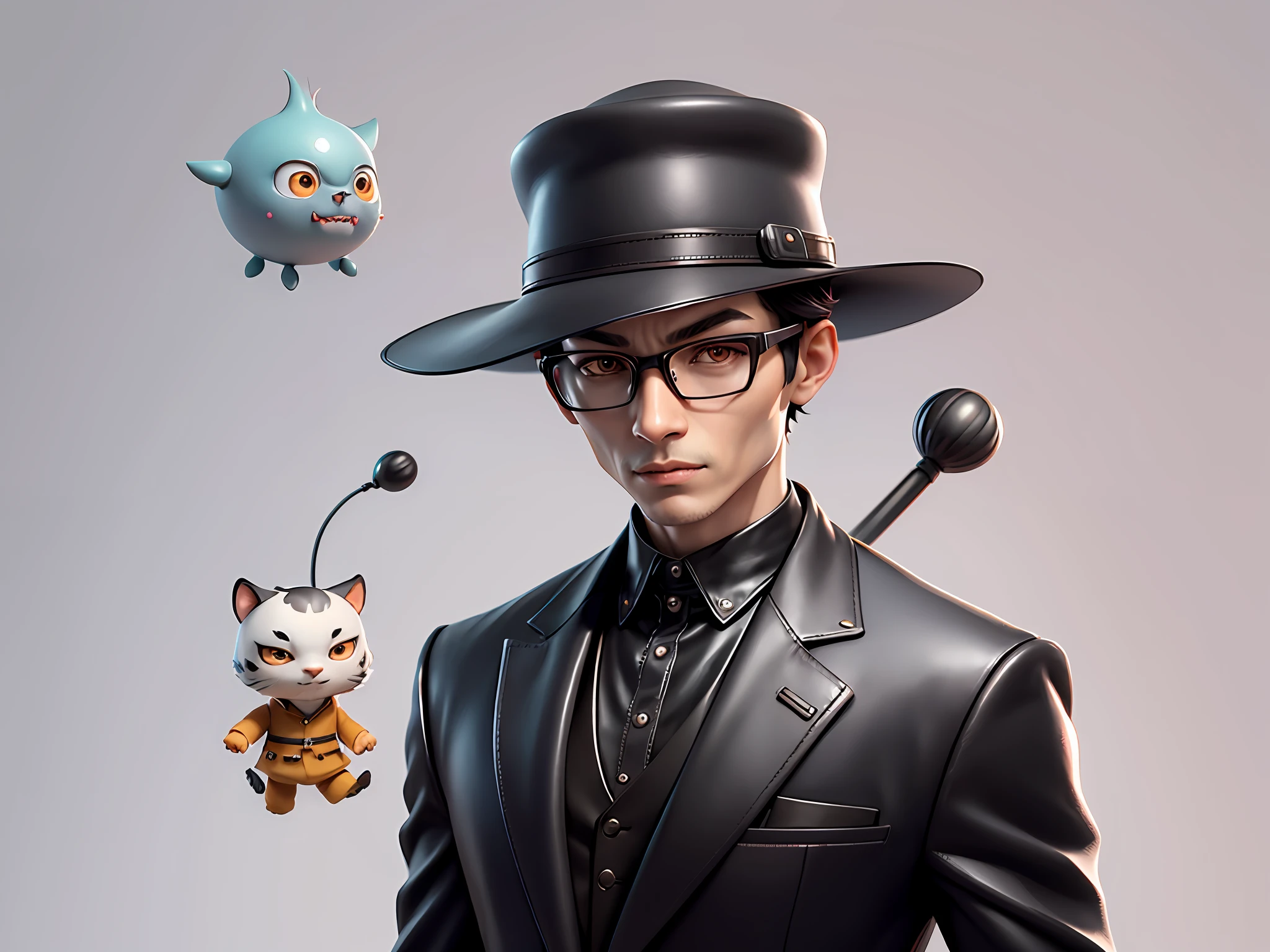 Young man with oriental face in leather hat, tiger, oriental face in formal suit, short black hair, silver glasses, digital painting, 3D character design by Mark Clairedon and Pixar and Hayao Miyazaki and Akira Toriyama, the illustration is a high-definition illustration in 4K resolution with very detailed facial features and cartoon-style visuals.