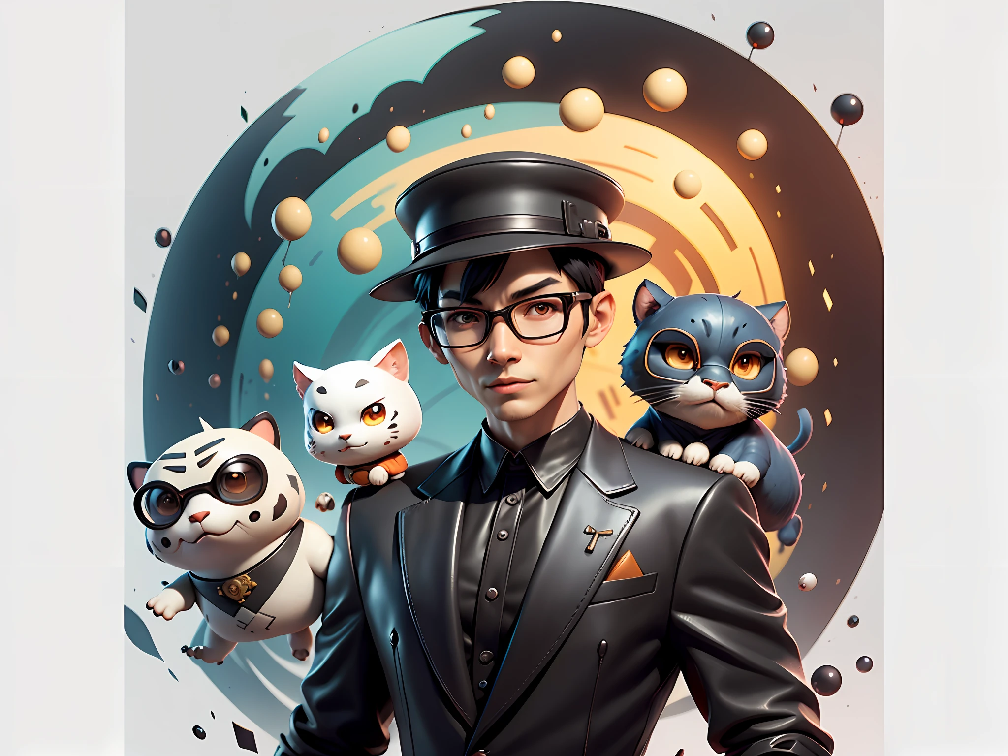 Young man with oriental face in leather hat, tiger, oriental face in formal suit, short black hair, silver glasses, digital painting, 3D character design by Mark Clairedon and Pixar and Hayao Miyazaki and Akira Toriyama, the illustration is a high-definition illustration in 4K resolution with very detailed facial features and cartoon-style visuals.