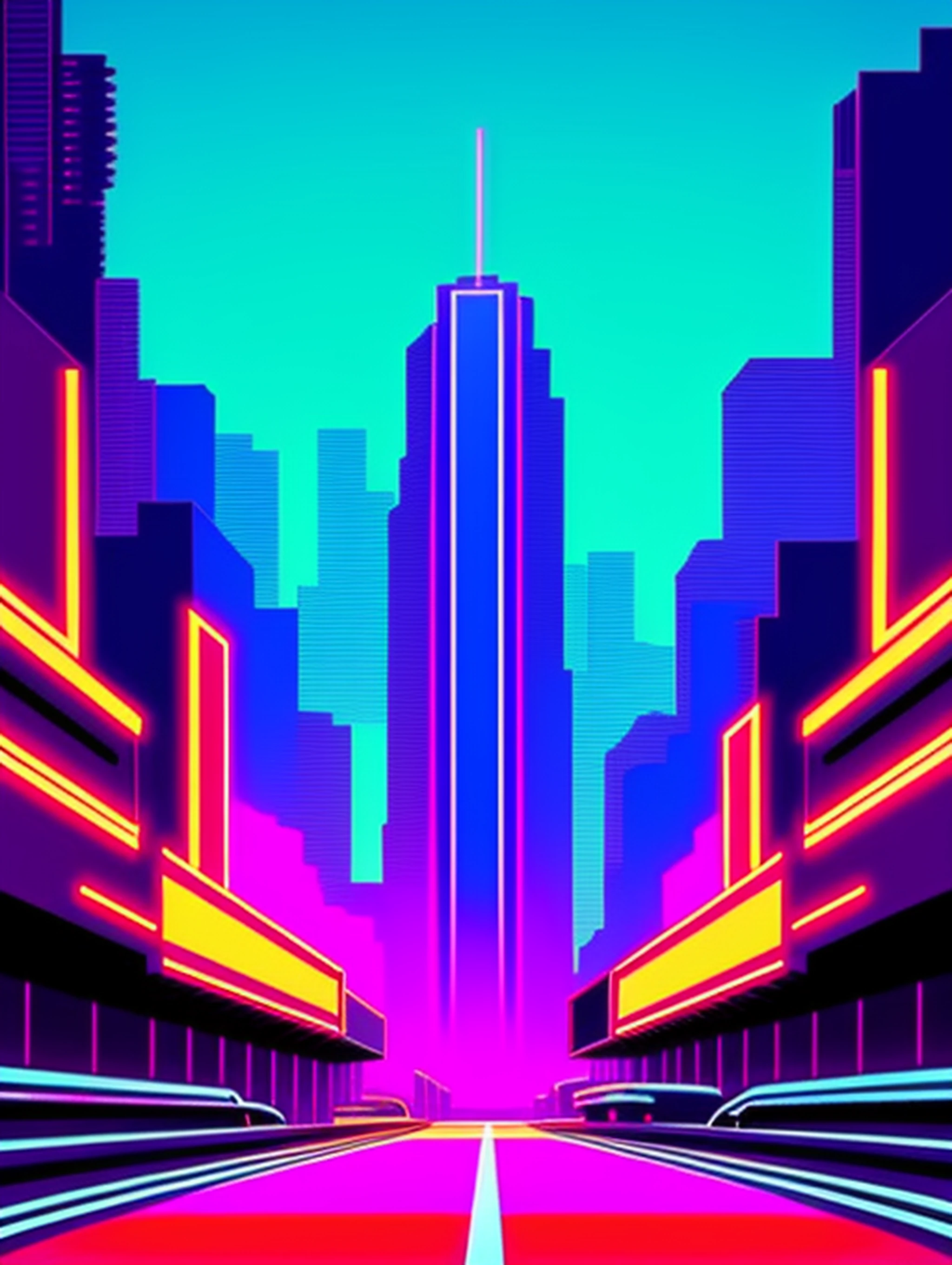1 garota, vetorizado, Synthwave, roxo azul vermelho laranja, cores neon brilhantes em um fundo escuro de uma cidade