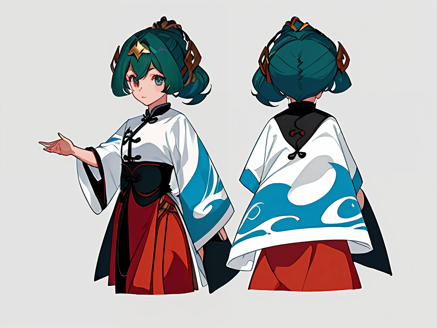 ((masterpiece)),(((best quality))),(character design sheet, same character, front, side, back), illustration, 1 girl, hair color, bangs, hairstyle fax, eyes, environment change scene, Hairstyle Fax, Pose Zitai, Female, Shirt Shangyi, Star, Charturnbetalora, (simple background, white background: 1.3), --6