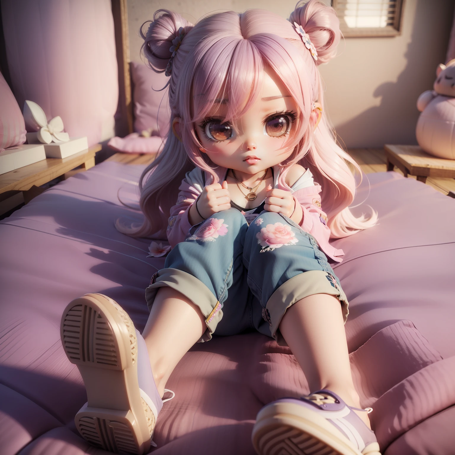 (((chibi 3d)))Cute and beautiful chibi anime//Retro floral sports bra, Oversized Blazer, Boyfriend Jeans, Quilty slippers, amethyst necklace,Retro floral boutique,general store