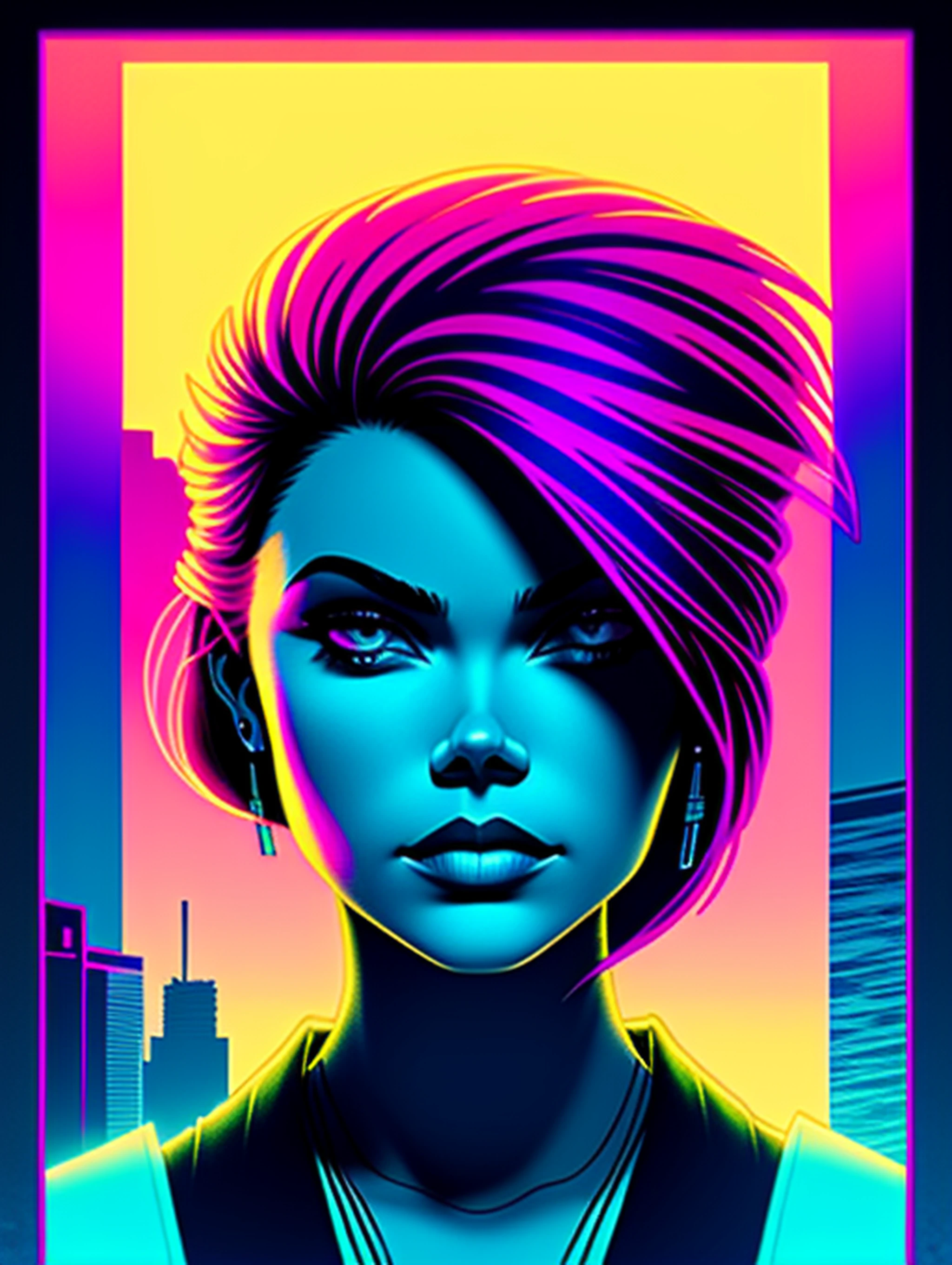 1 garota, vetorizado, Synthwave, roxo azul vermelho laranja, cores neon brilhantes em um fundo escuro de uma cidade