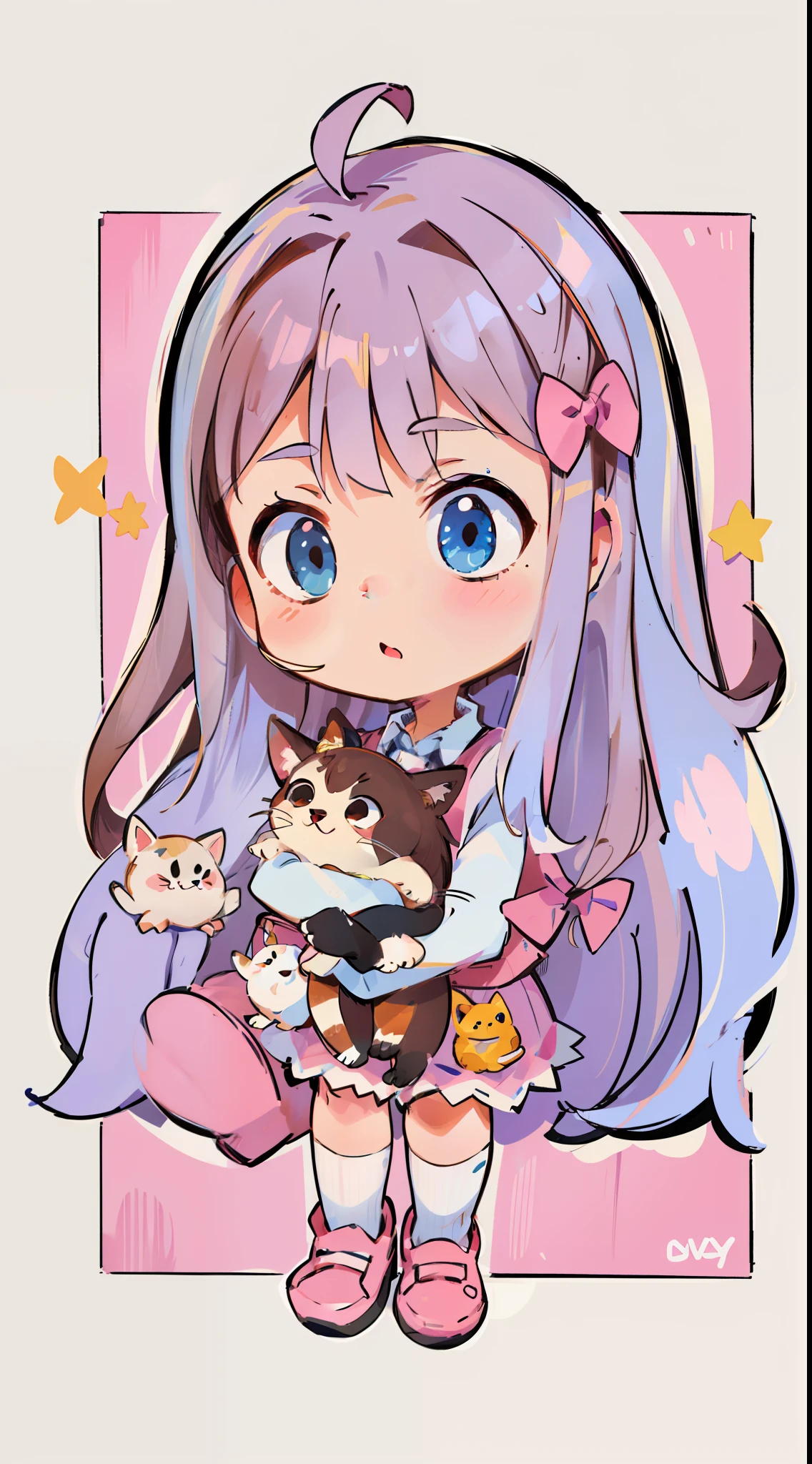 Cute cartoon girl with brown hair, wearing a cute pink school uniform with a cute cat next to her