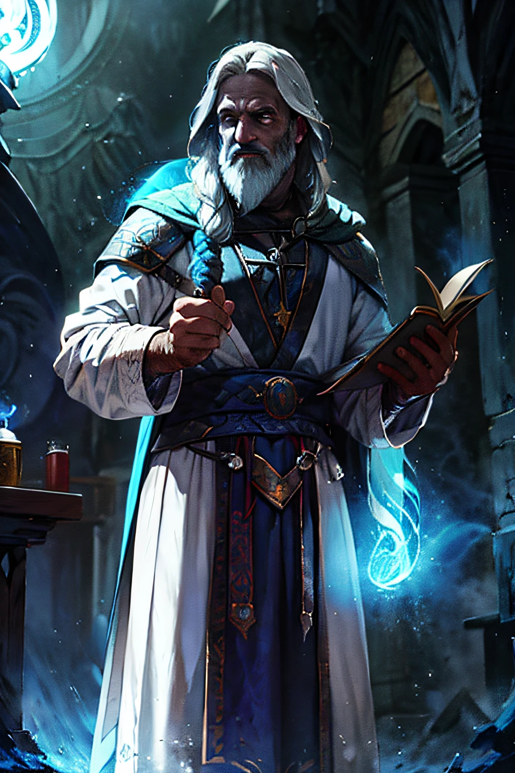 1boy,  Old Mage Maligine Villain Conjuring Spell, cabelo branco, barba, tabardo branco, pessoal, corvo, tempestade, realista