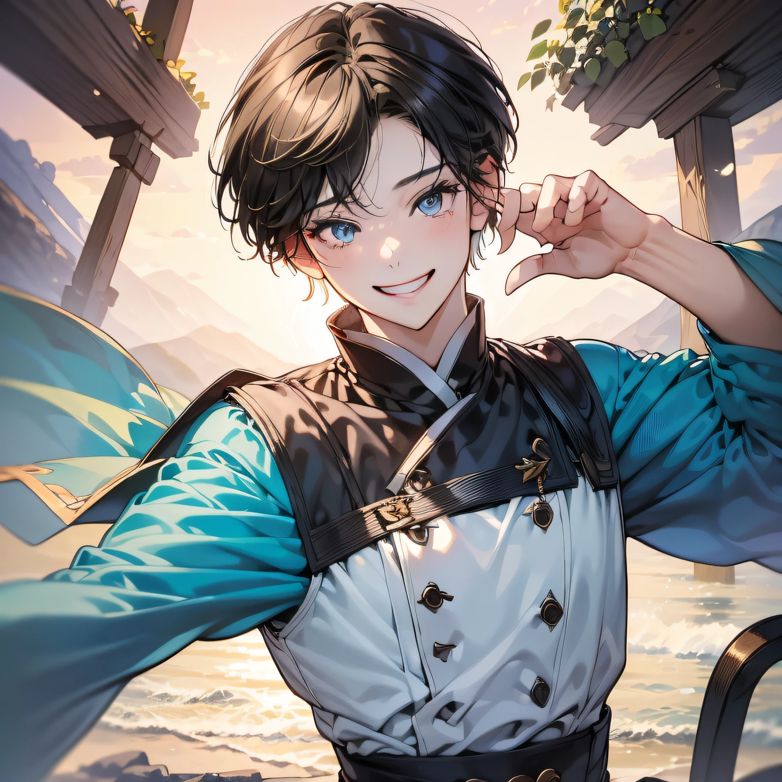 (in 8K、top-quality、​masterpiece:1.2)、1人の女性、(Smiling smile:1.1)、beautidful eyes、Valley、The upper part of the body、shorth hair、Like a boy 、Quirk hair、Green View、