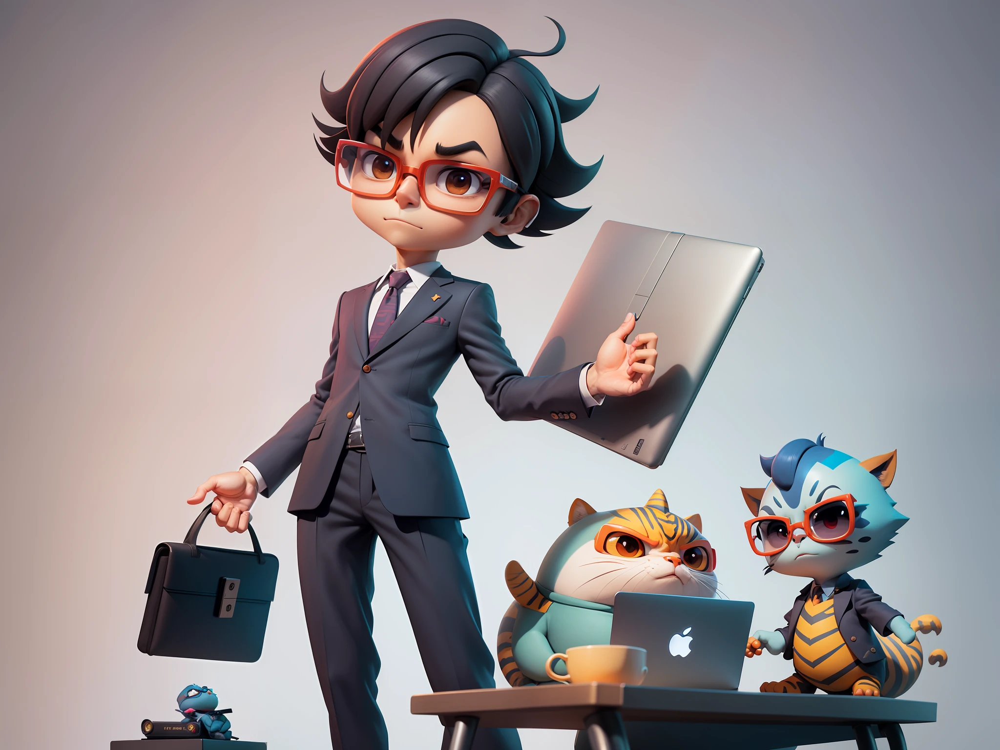 A young man in a suit, Short hair and glasses sat at his desk，holding laptop，digitial painting，tigre，3D character design by Mark Clairen and Pixar and Hayao Miyazaki and Akira Toriyama，4K HD illustration，Very detailed facial features and cartoon-style visuals。