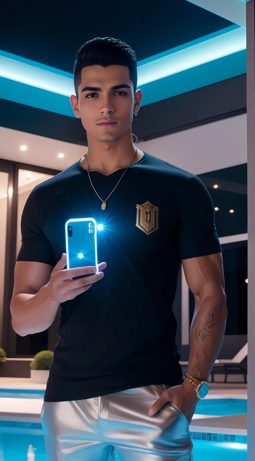 There's a man standing by a pool using his cell phone, next to a mansion, olhando para o telefone dele, arrefecimento, andres rios, Young man dressed in pants and T-shirt with LED lights and metallic details, Poolside, luis melo, 4 k post, Postagem 4k, paradise in the background, dressed in an outfit with LED lights and metallic details, holding a state-of-the-art cell phone in your hands. Try to represent the person's excitement and enthusiasm while filming something amazing with your mace phone.