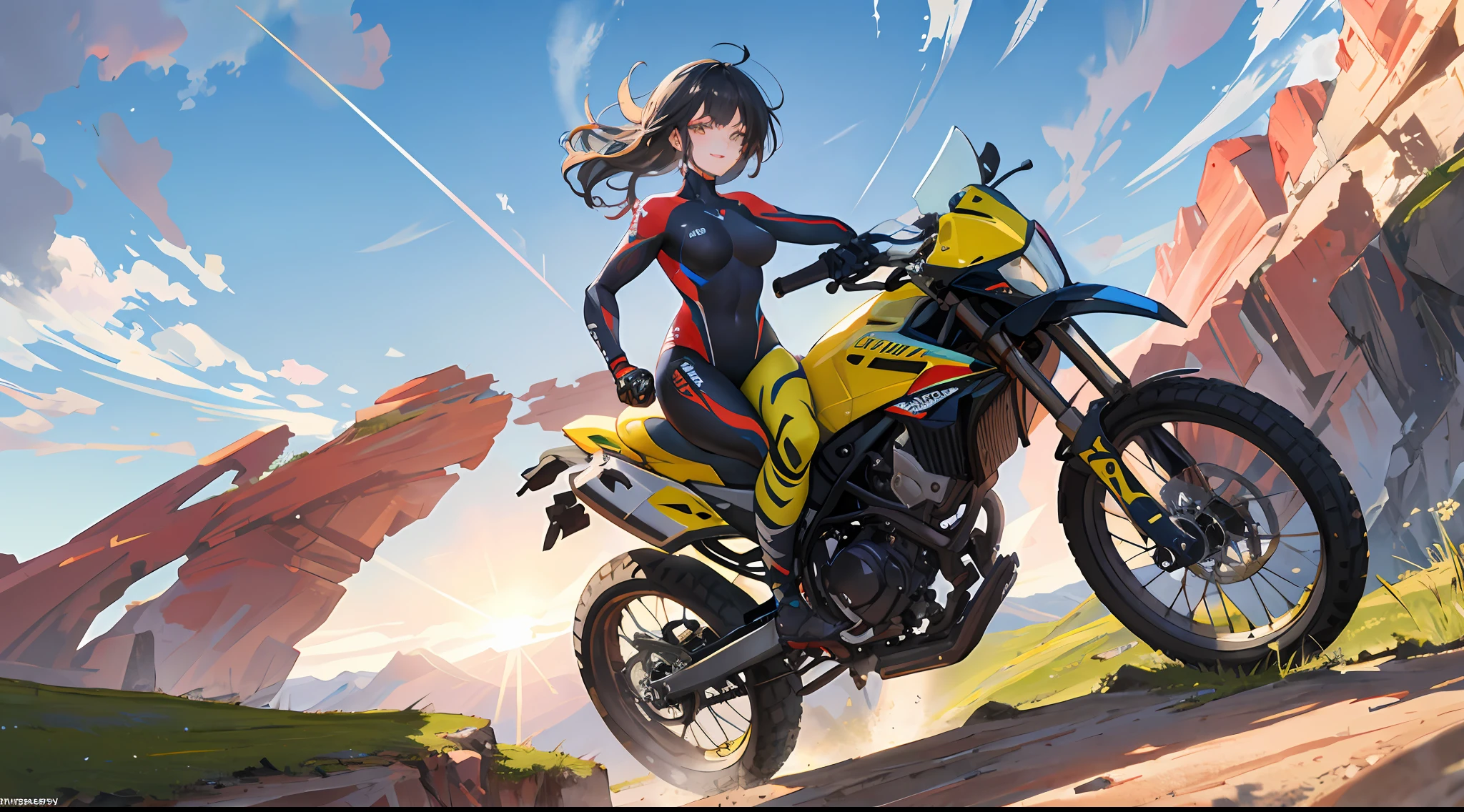 A woman rides a motocross which is in the middle of a jump between 2 cliffs and she is enjoying the fact she is doing a well-done job, she is using a motocross suit, 1 woman, she is not using a helmet, highly detailed face, smile, particles of dirty and grass around, daylight, sun rays, atmospheric light, high definition, masterpiece, intricate details, 8K, radical, volumetric illumination, dynamic composition, highly detailed, colorful, 2d anime style, moe style