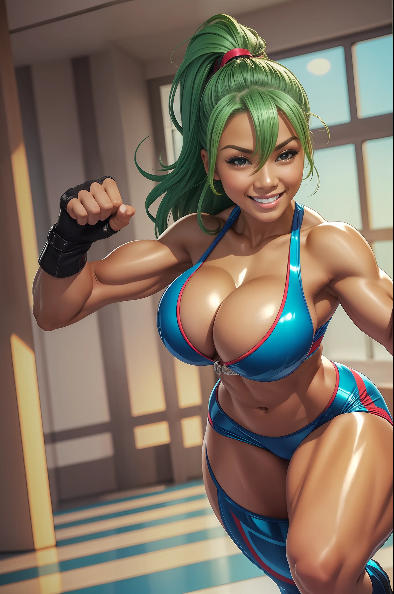 Five Fingers、Colossal tits、Fitness Model、musculature、clothes shiny、Cool smile、glistning skin