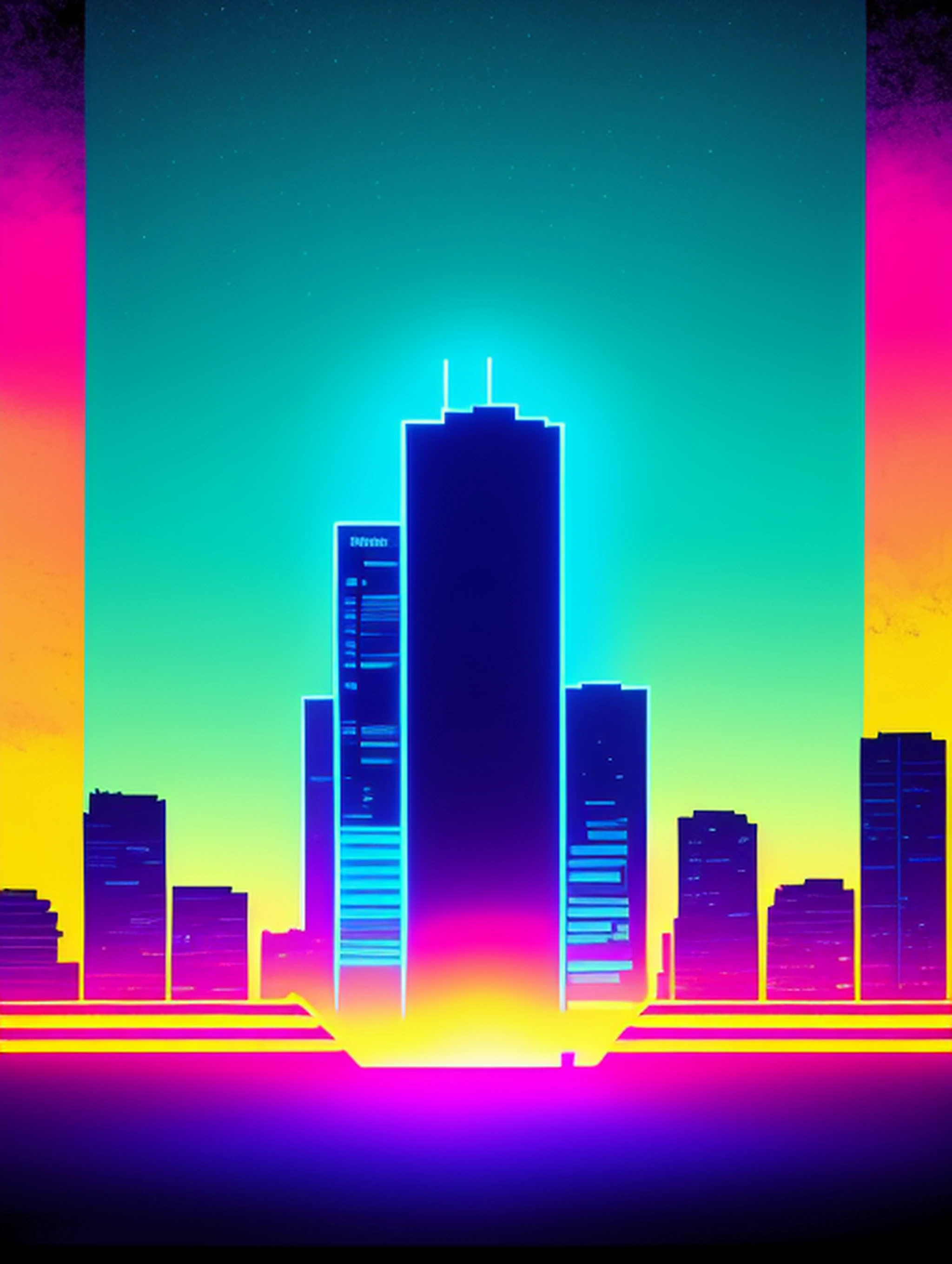 1 garota, vetorizado, Synthwave, roxo azul vermelho laranja, bright neon colors on a dark background with buildings