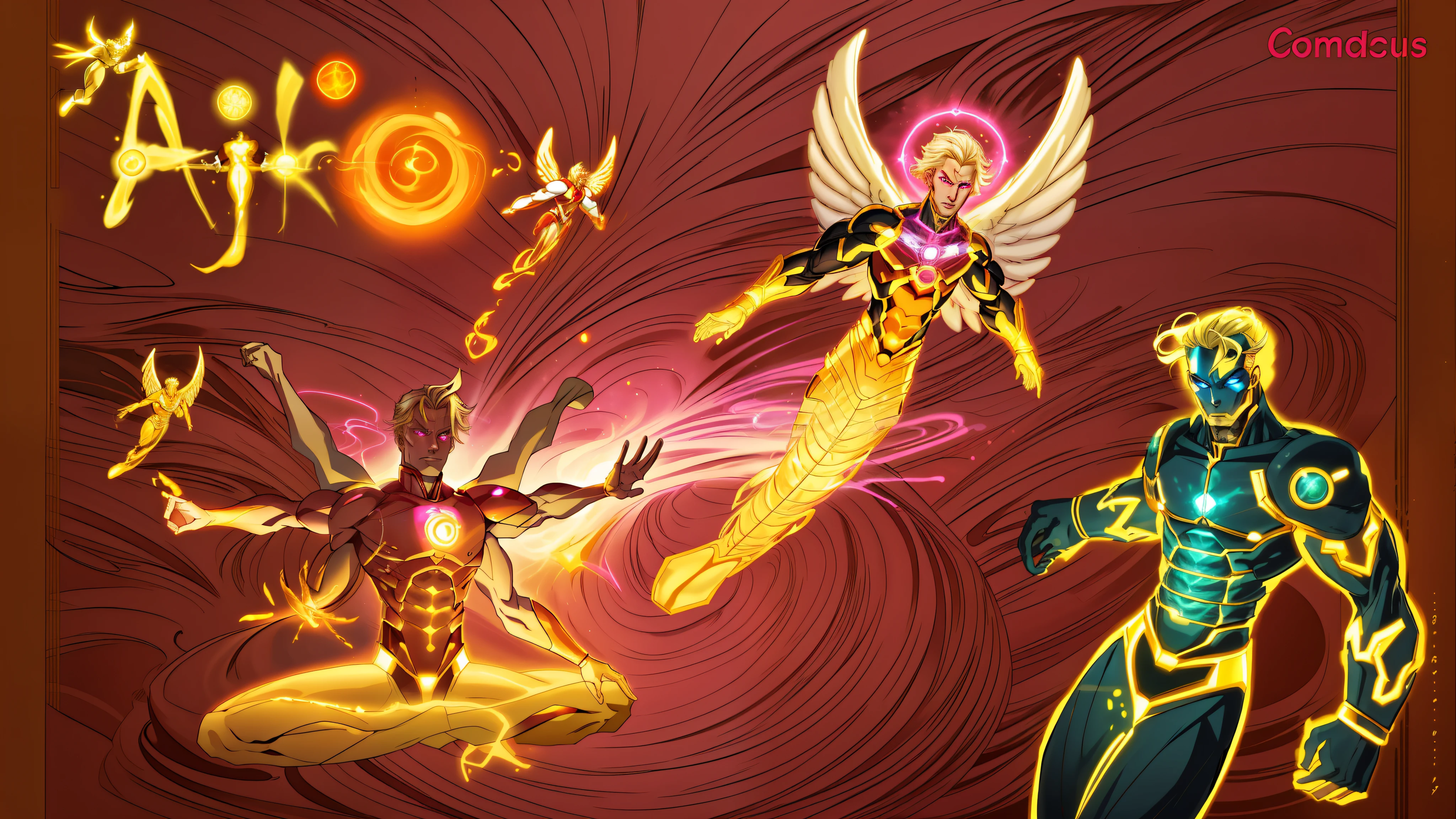 There are three different images of men with different poses, A man with 6 arms and blonde hair and pink eyes, sem roupa e musculoso sarado, some cosmic angels, energetic beings patrolling, inspirado em Hiromu Arakawa, arte de fundo, Energy Dynamic Pose, poder auras, Potencializando a Aura, an epic anime of a energy man, energia do toro, seres solares, Transhumanist Dance, inspired by Mœbius, 8k, ultra realista