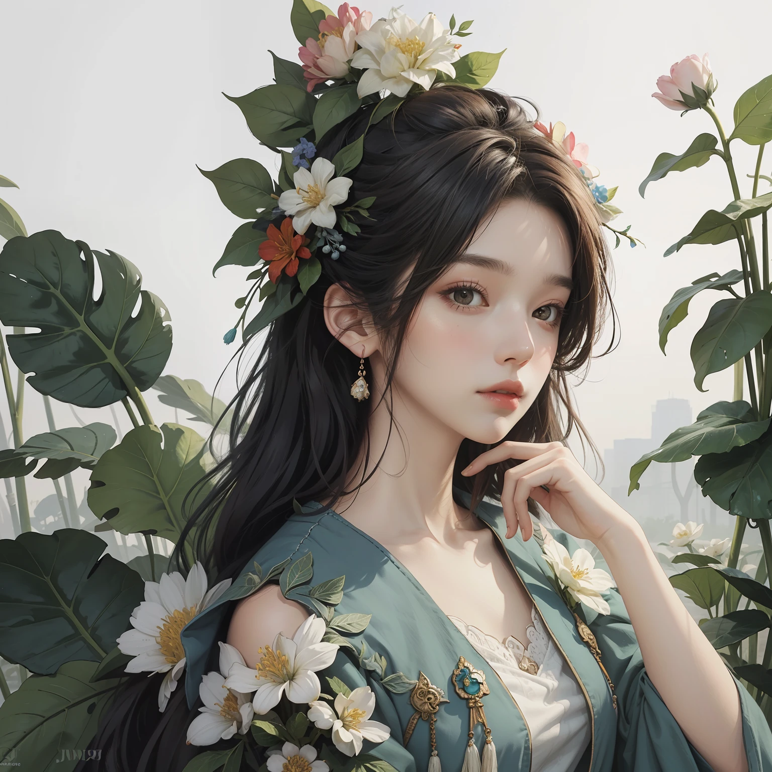 a painting of a woman with flowers and leaves on her head and a bird on her shoulder by James Jean