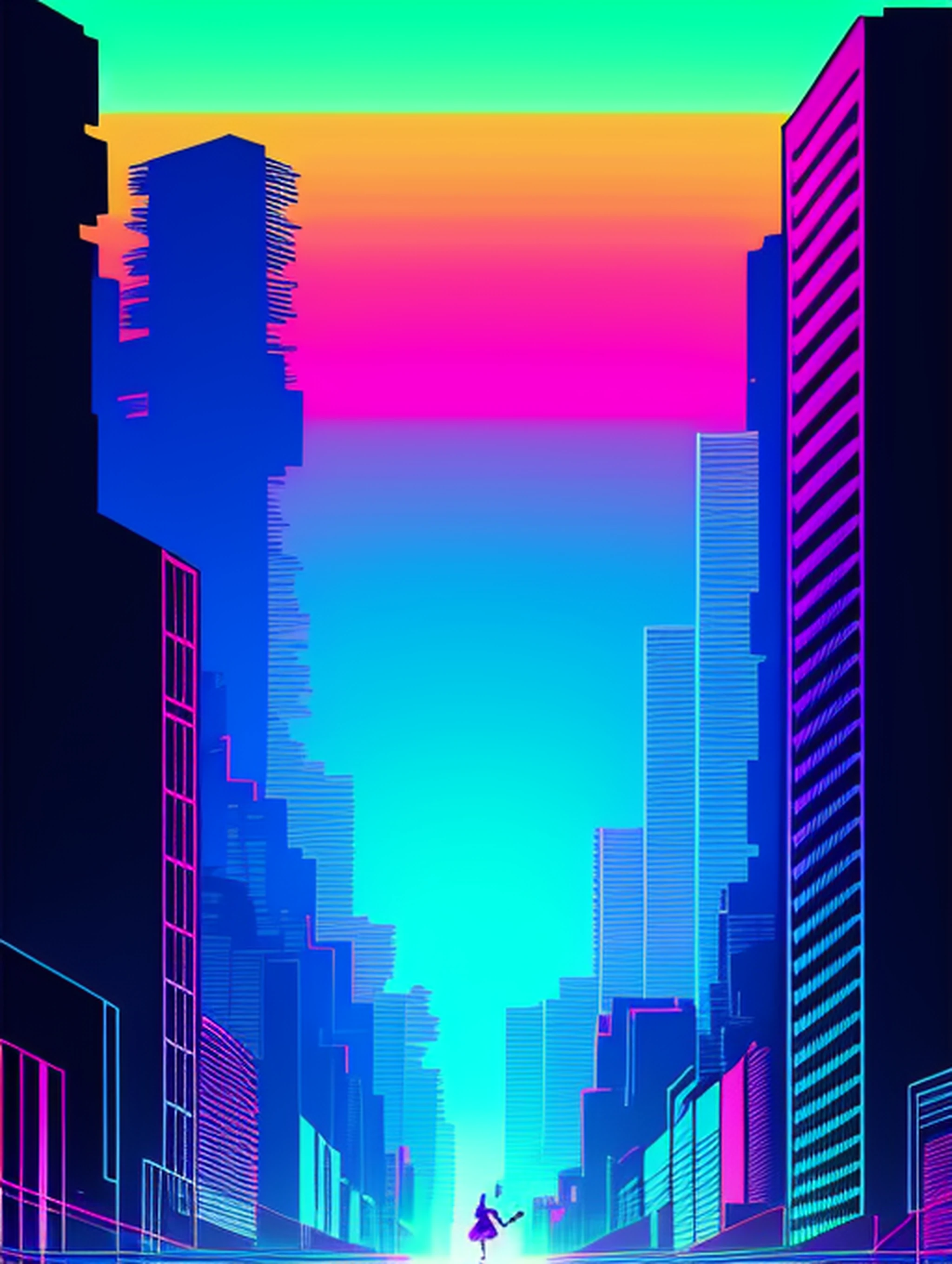 1 garota, vetorizado, Synthwave, roxo azul vermelho laranja, bright neon colors on a dark background with buildings