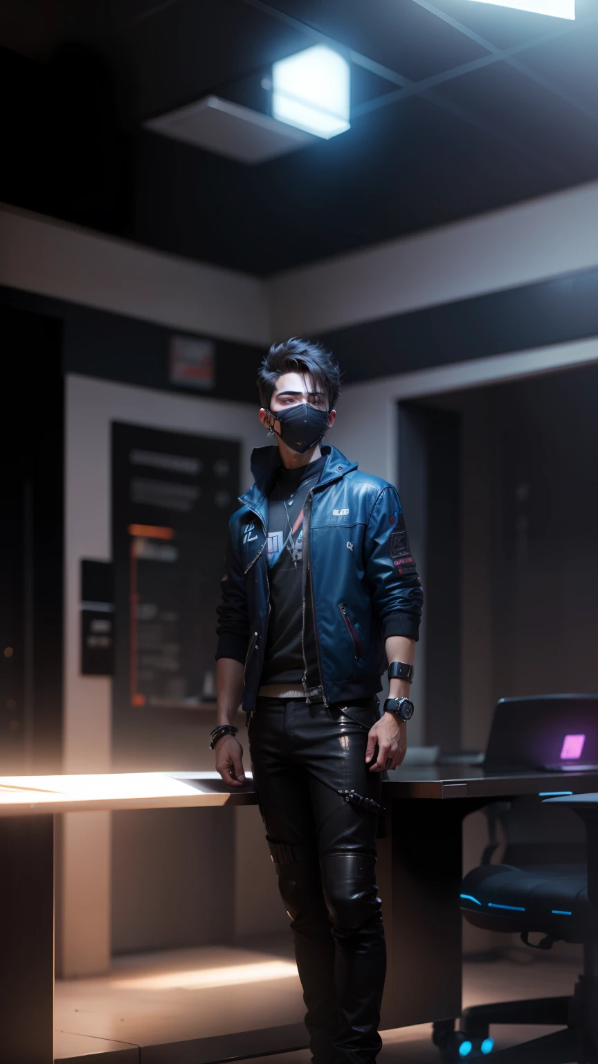 Change background cyberpunk cute boy , realistic face , High quality realistic ,8k ultra realistic,mask on face hide half face