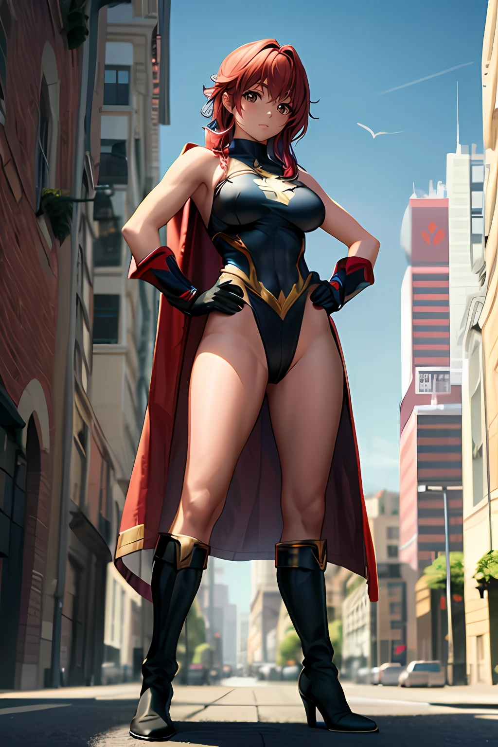 1girl, superhero, heroic, leotard, bare legs, knee boots, gloves, city backdrop, standing, hands on hip, full body, red hair