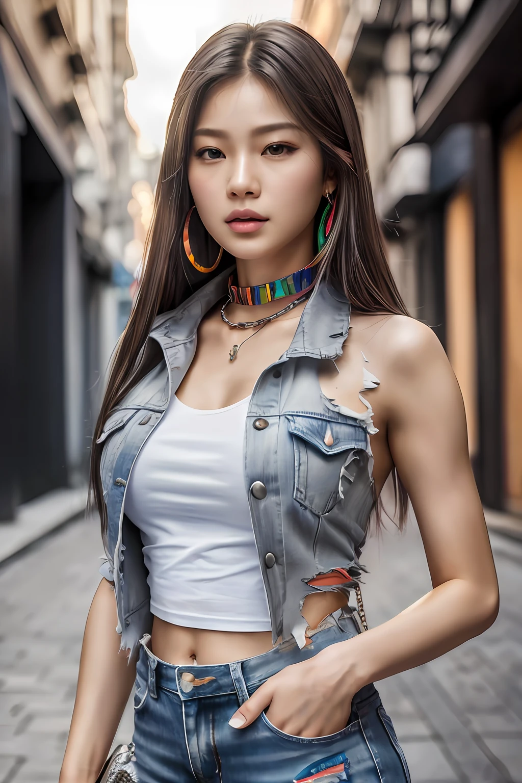 Raw photo ((big chest, soft girl)),(like jennie kim face),(oval face),(chiseled abs: 1.1), (perfect body: 1.1), (grey straight hair: 1.2), auburn hair, collar, chain, full body shot, crowded street, wearing T-shirt tank top, denim jacket, (torn clothes:1.3)((shorts)), (extremely detailed 8k CG wallpaper), (an extremely delicate and beautiful), (masterpiece), (best quality: 1.0), (ultra high res:1.0), beautiful lighting, perfect lighting, realistic shadows, [high res], detailed skin, ultra-detailed (((colorful))), highly realistic,