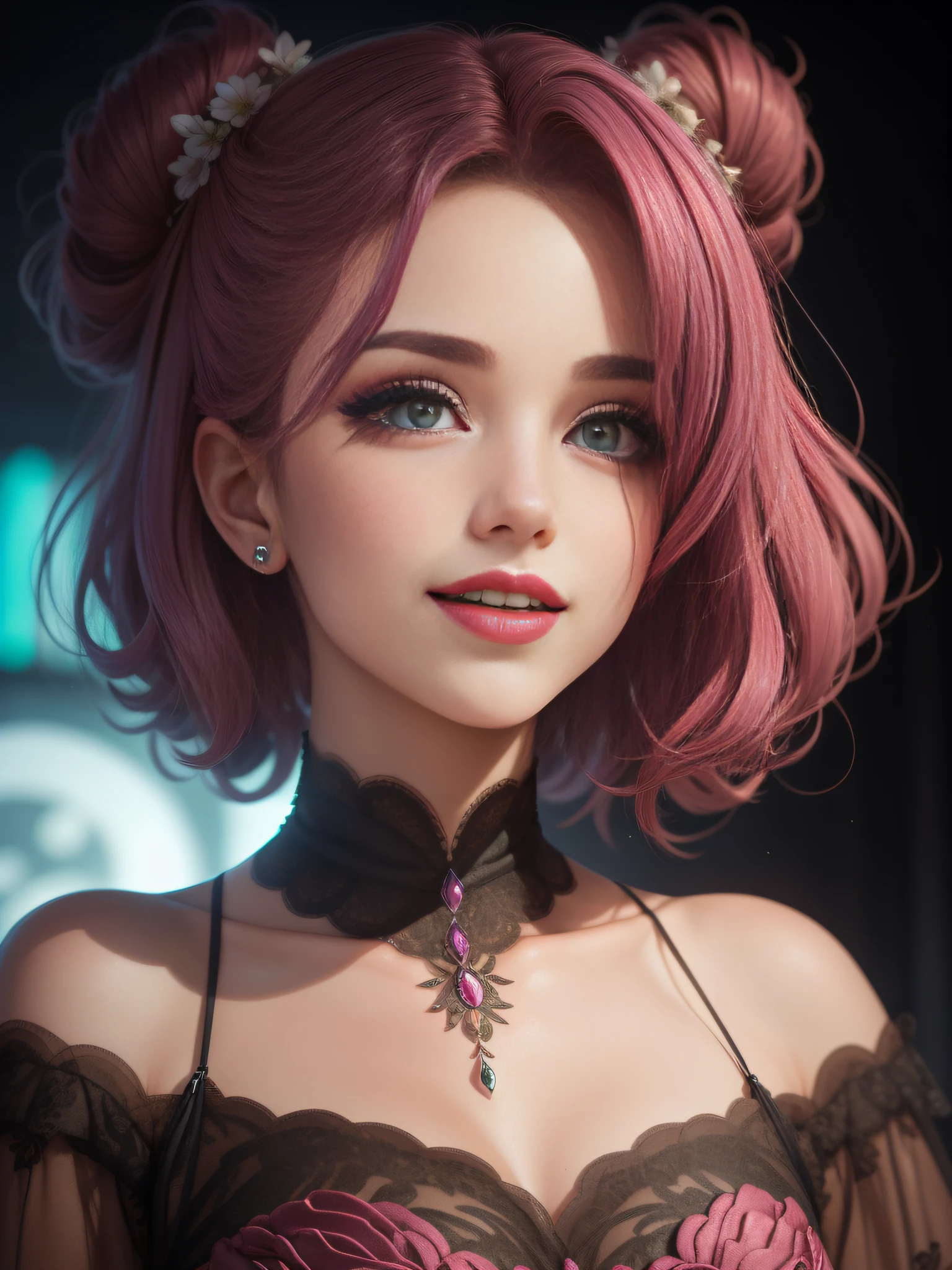 1 mulher, retroiluminação, ombros nus, vestido rosa brilhante ornamentado, usando um vestido rosa brilhante, desfocado, fundo desfocado, blush, figura de vidro de hora, seios medios, cintura muito estreita, floresta profunda, decote, cabelo longo vermelho solto, cabelo encaracolado vermelho, olhos verdes, testa, cabelo sobre o ombro, cabelo muito longo, vista frontal, rosto surprice, nariz pontiagudo, red-lips, sorrindo, sombra, solo, bushy eyelashes, cabelos ruivos, olhando para o espectador, virado para a frente, ((obra-prima))