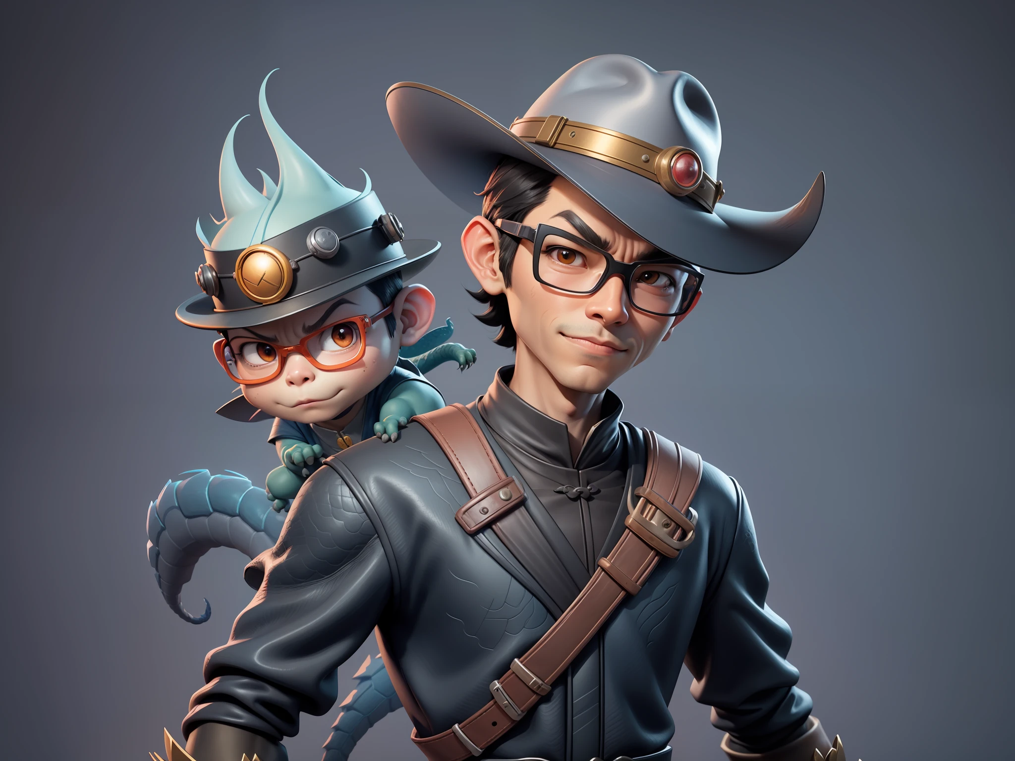 Young man with oriental face in leather hat, dragon, formal suit, short black hair, silver glasses, digital painting, 3D character design by Mark Clairedon and Pixar and Hayao Miyazaki and Akira Toriyama, the illustration is a high-definition illustration in 4K resolution with very detailed facial features and cartoon-style visuals.