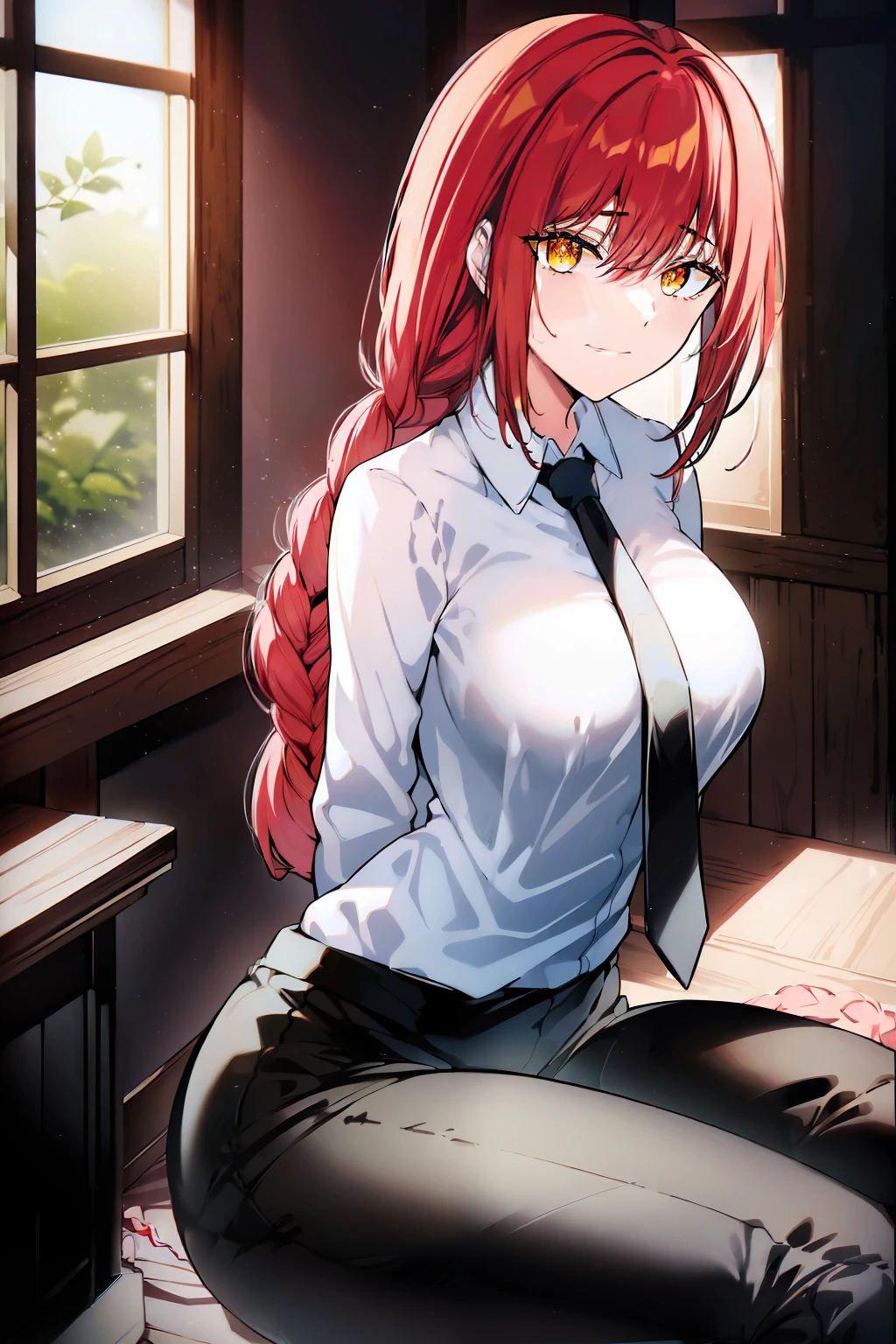 (masterpiece, top quality, best quality, official art, beautiful and aesthetic:1.2),(8k, best quality, masterpiece:1.2), 1woman, mature girl, makima, makimart, (looking at the viewer, full body shot, sitting:1) (red hair, long braid behind back, braid with eye length bangs and two longer bangs that frame face, bright crimson shining hair:1.2), (yellow eyes, ringed pupils, shining yellow eyes, patterned pupils, eerie eyes, glaring eyes, ominous eyes:1.15), [no blush, confident evil smile:1.2], [medium breasts:1.3], [sexy, curvy figure:1], (office clothes, white shirt, black necktie, black pants:1.15), (sitting on table, crossing legs, holding own breast in one hand, feet in frame, full body in frame:1.3) (dark lighting, dim room, glaring eyes, shining eyes:1.4)