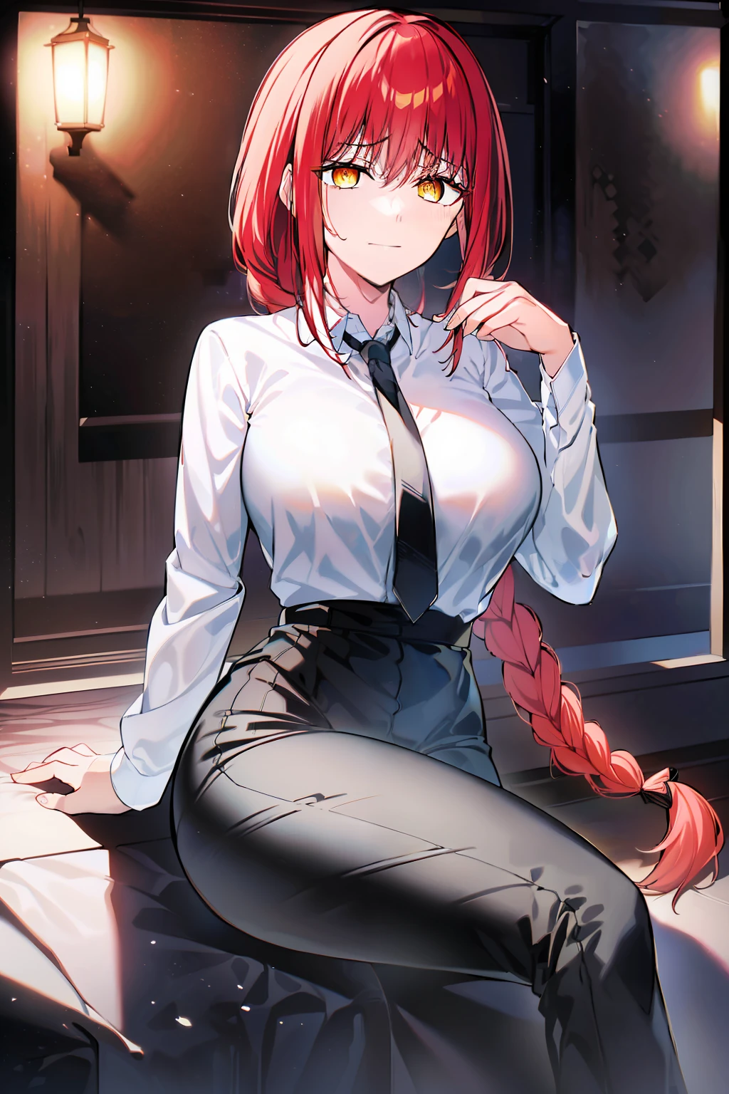 (masterpiece, top quality, best quality, official art, beautiful and aesthetic:1.2),(8k, best quality, masterpiece:1.2), 1woman, mature girl, makima, makimart, (looking at the viewer, full body shot, sitting:1) (red hair, long braid behind back, braid with eye length bangs and two longer bangs that frame face, bright crimson shining hair:1.2), (yellow eyes, ringed pupils, shining yellow eyes, patterned pupils, eerie eyes, glaring eyes, ominous eyes:1.15), [no blush, confident evil smile:1.2], [medium breasts:1.3], [sexy, curvy figure:1], (office clothes, white shirt, black necktie, black pants:1.15), (sitting on table, crossing legs, holding own breast in one hand, feet in frame, full body in frame:1.3) (dark lighting, dim room, glaring eyes, shining eyes:1.4)