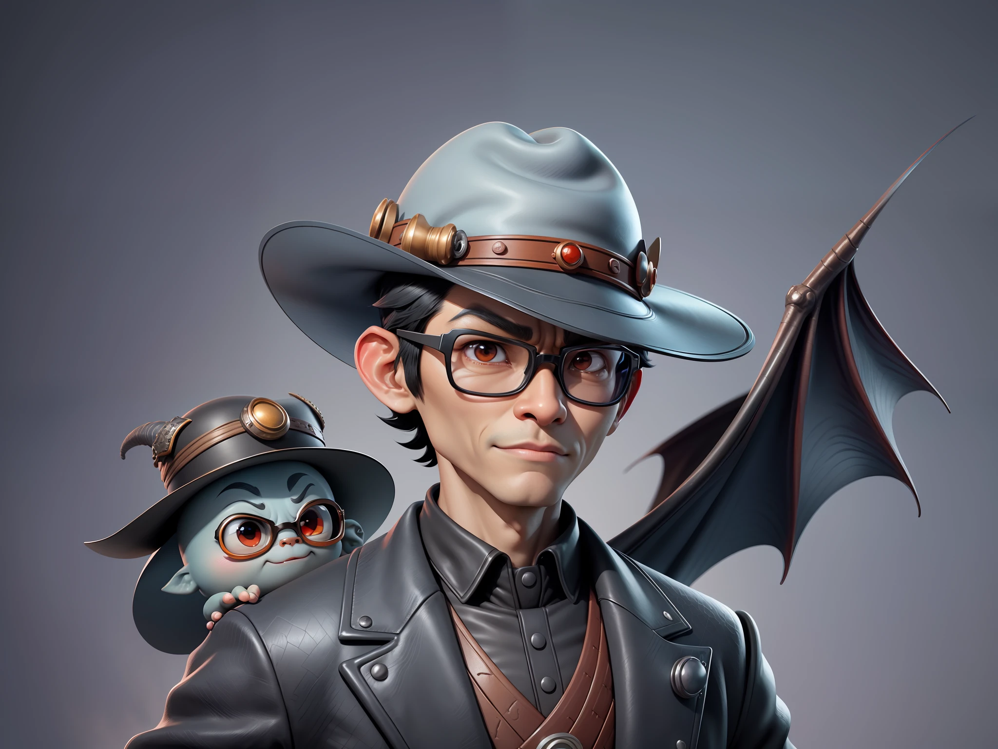 Young man with oriental face in leather hat, dragon, formal suit, short black hair, silver glasses, digital painting, 3D character design by Mark Clairedon and Pixar and Hayao Miyazaki and Akira Toriyama, the illustration is a high-definition illustration in 4K resolution with very detailed facial features and cartoon-style visuals.