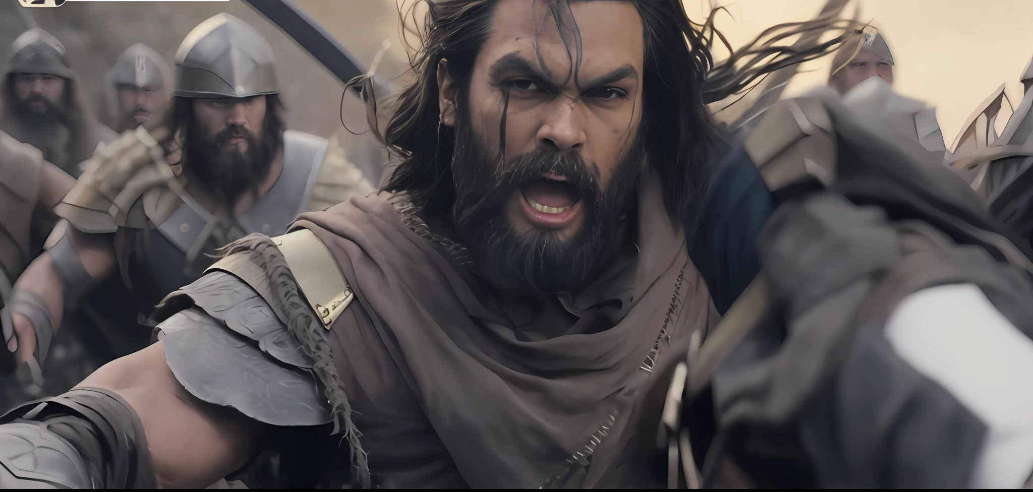 A man with a beard and a face without a beard is surrounded by other men, jason momoa as assyrian, Jason Momoa como Conan, karl urban as a dragonslayer, barba grisalha, na captura de tela do filme 300, biblical epic movie, Jereme Momoa como Tarzan, Henry Cavill como um guerreiro, jason momoa, ainda de um filme live action