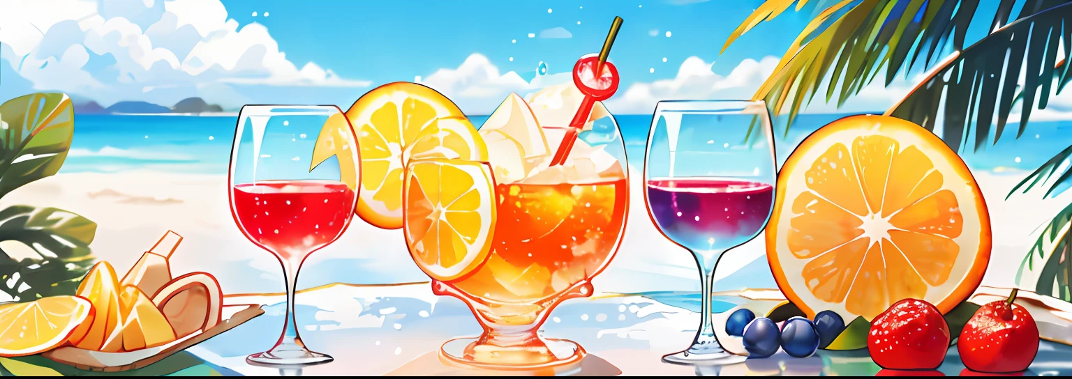 cocktailworld, no humans, landscape, summer, sky, clouds, blurred background, masterpiece, best quality, hyper detail, hyper detail, macro photography depicts picnic scenes themed around summer tropical beach vacations. The protagonist of this photo is multiple cool glasses filled with icewine. The lens focuses on glasses, fruit, dazzling midday sun, fisheye lenses, distant views, a hearty meal, (splashed liquid: 1.6), ice, (picnic scene: 0.5) (cute dessert: 0.4), dripping. It's filled with wine, translucent liquid, daytime outdoor lights (beach 1.5), tropical plants, hot weather, HD detail, wet watermark, hyperdetail, cinematic, surrealism, soft light, deep field focused bokeh, ray tracing, diffuse (ultra-fine glass reflection), and surrealism.