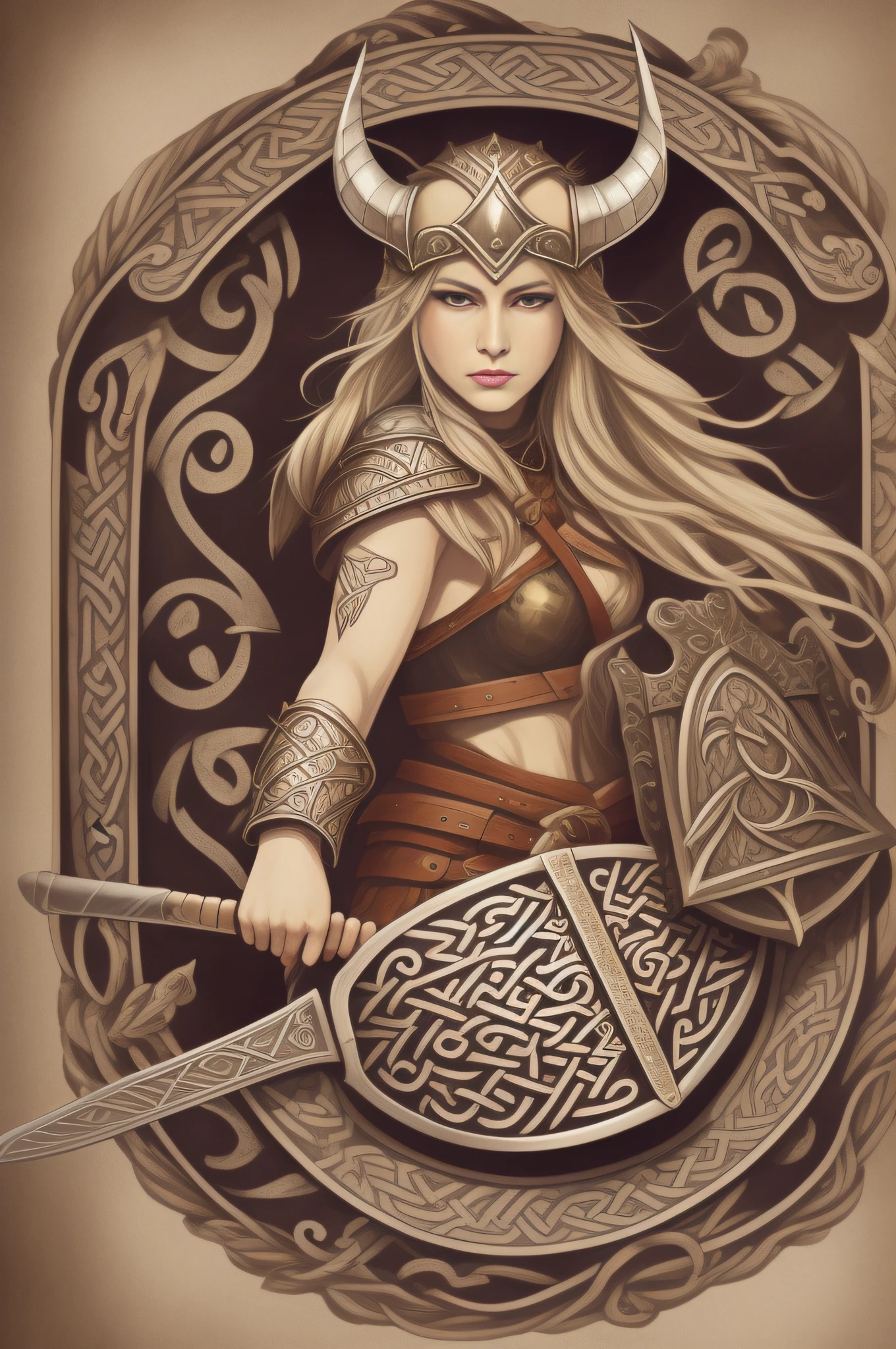 a close up of a woman with a sword and shield, norse goddess, female viking, north female warrior, north adult female warrior, fantasy paladin woman, norse warrior, female warrior, warrior woman, celtic fantasy art, age viking shieldmaiden, elven warrior princess, beautiful female warrior, portrait of female paladin, female dwarven warrior, viking warrior illustration