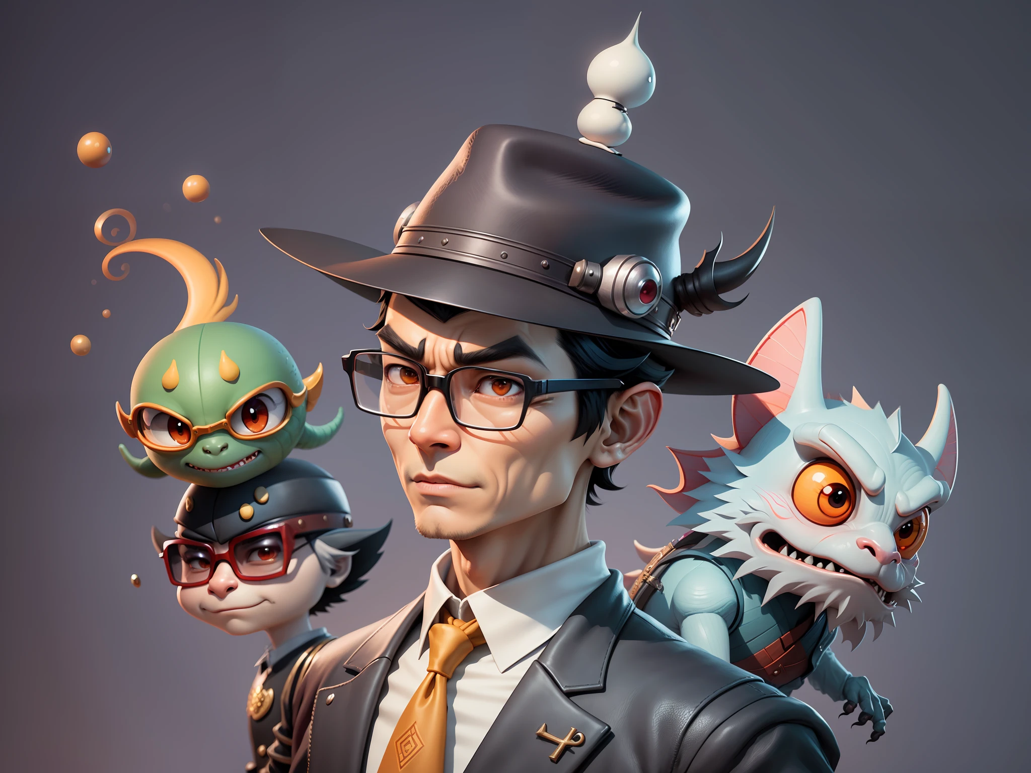 Young man with oriental face in leather hat, dragon, formal suit, short black hair, silver glasses, digital painting, 3D character design by Mark Clairedon and Pixar and Hayao Miyazaki and Akira Toriyama, the illustration is a high-definition illustration in 4K resolution with very detailed facial features and cartoon-style visuals.