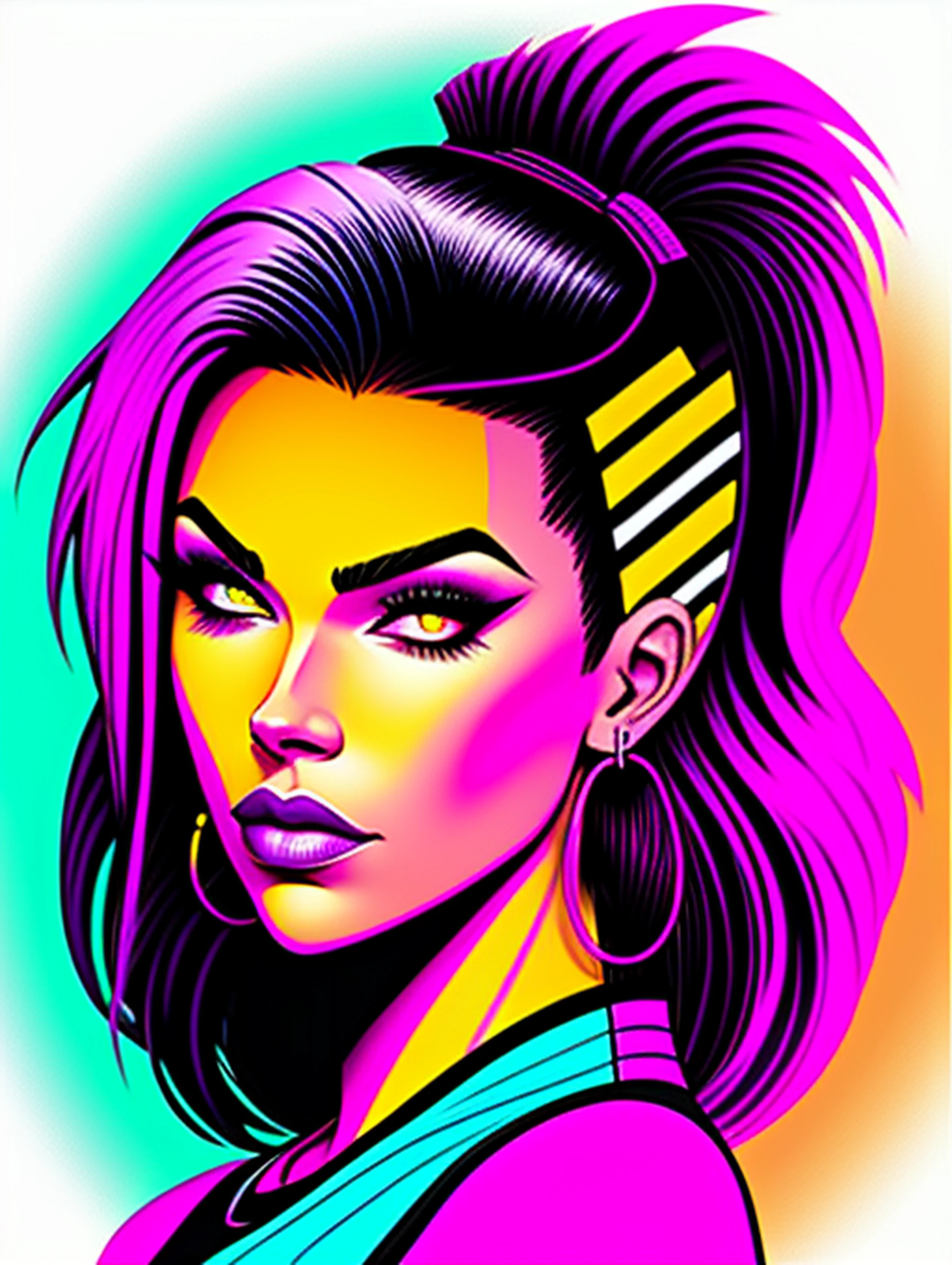 Hot Girl, vetorizado, synthwave, roxo azul vermelho laranja, cores neon brilhantes em um fundo escuro,