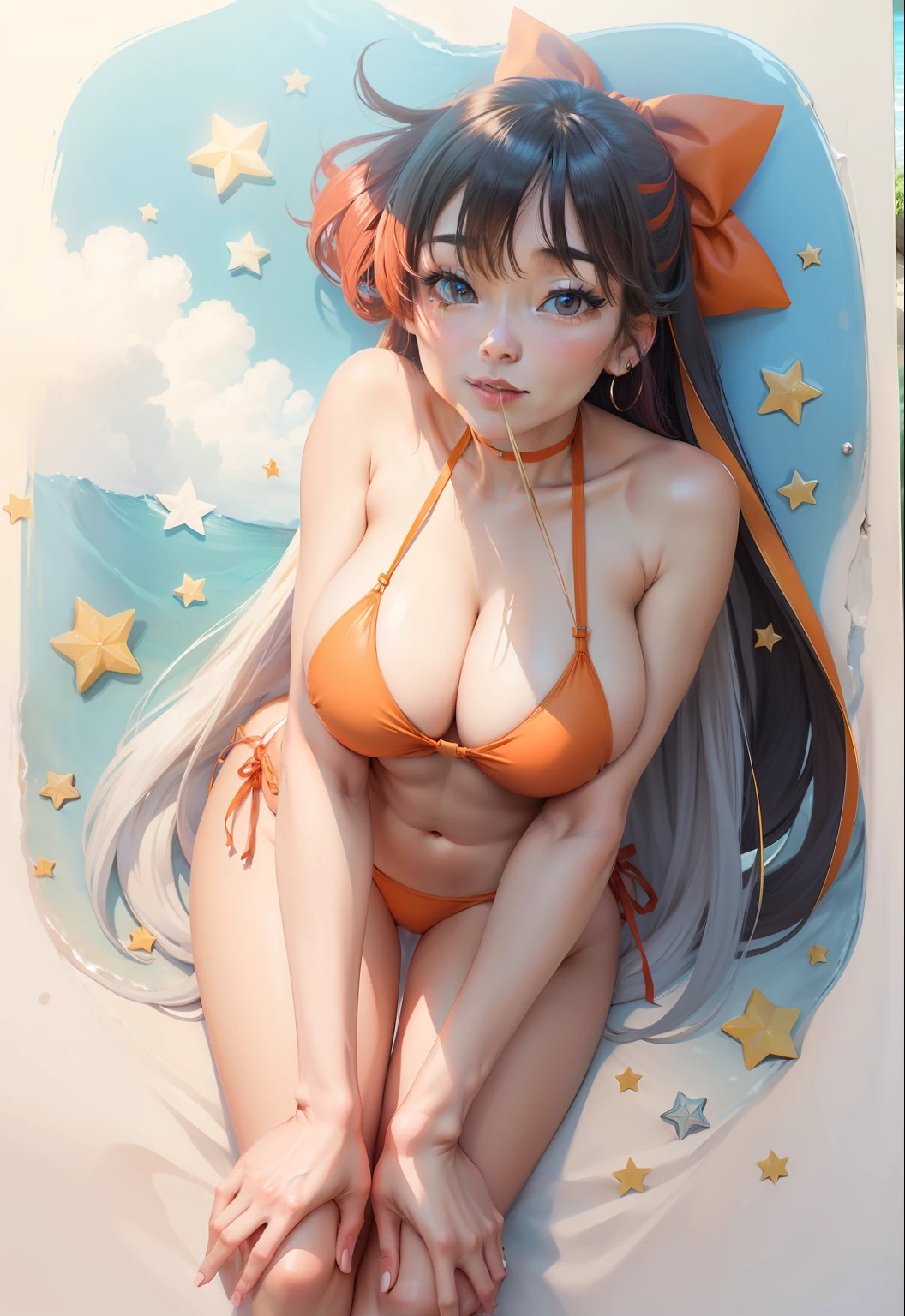 1girl、aunty、A MILF、mature、Older、age 40s、aino_minako、swimsuit、bikini、starry_background、MILF、breasts、solo、mouth_hold、long_hair、blue_eyes、red_head_ribbon、traditional_media、large_breasts、big_breasts、blonde_hair、side-tie_bikini、orange_bikini、gold_bikini、rating:safe、hair_bow、red_bow、cleavage、bow、star_earrings、navel、leaning_forward、bangs、outdoors、ocean、looking_at_viewer、standing、star_pasties、star_hair_ornament、striped、watercolor_(medium)、v_arms、cowboy_shot、very_long_hair、film_grain、marker_(medium)、smile、thigh_gap、