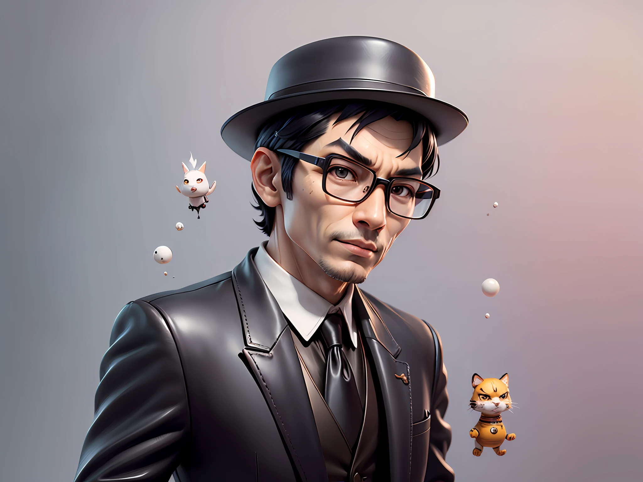 Young man with oriental face in leather hat, tiger, oriental face in formal suit, short black hair, silver glasses, digital painting, 3D character design by Mark Clairedon and Pixar and Hayao Miyazaki and Akira Toriyama, the illustration is a high-definition illustration in 4K resolution with very detailed facial features and cartoon-style visuals.