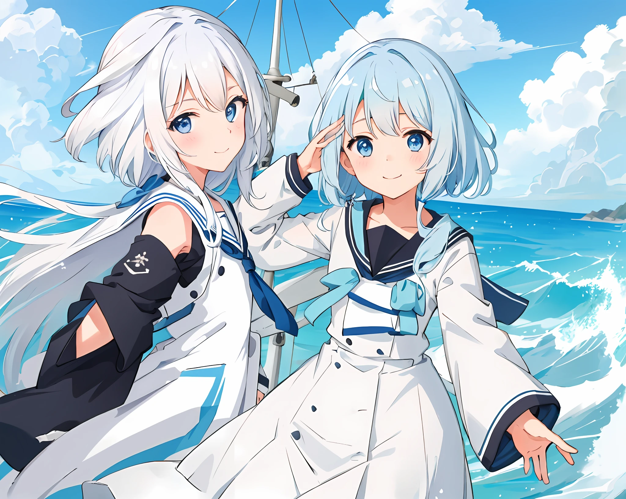 girl with、pastel blue eyes、White hair、a smile、a sailor suit、Black sailor suit、looking at the viewers、