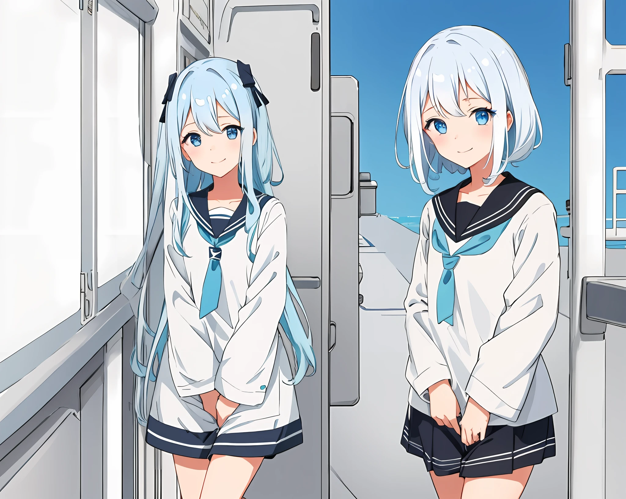 girl with、pastel blue eyes、White hair、a smile、a sailor suit、Black sailor suit、looking at the viewers、