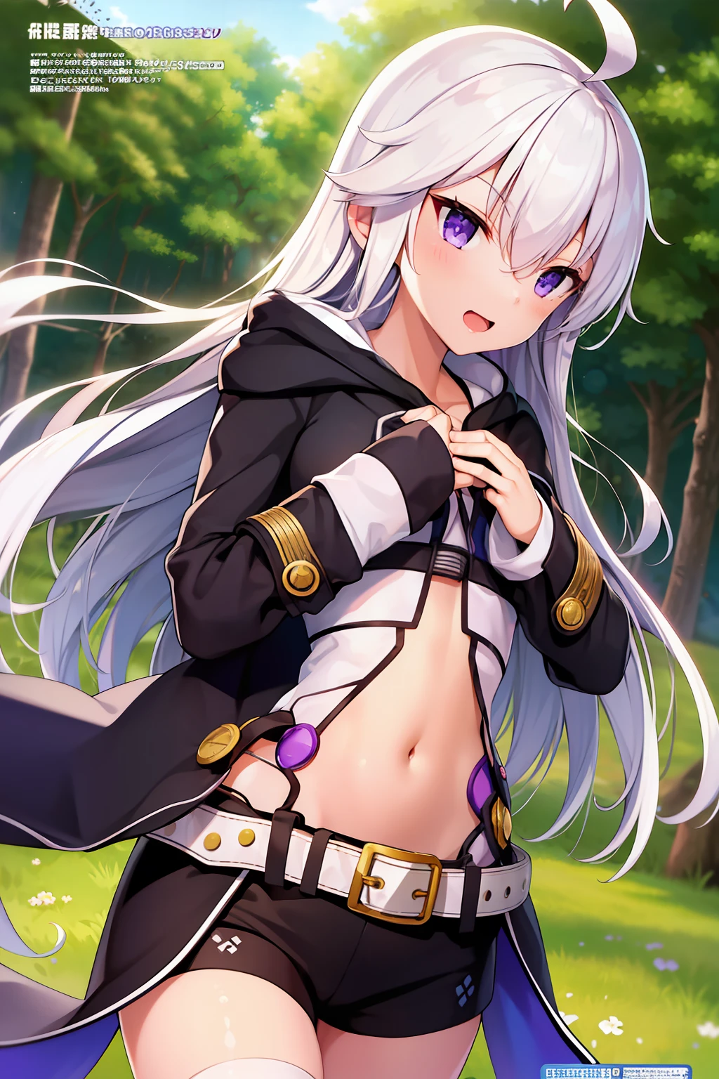 1girl, ahoge, belt, buttons, cloak, coat, dutch_angle, forest, gradient_hair, hair_between_eyes, hand_on_own_chest, hood, iwasaki_takashi, long_hair, long_sleeves, looking_at_viewer, multicolored_hair, nature, non-web_source, open_mouth, photoshop_(medium), plant, purple_eyes, scan, solo, translated, tree, tsurime, upper_body, white_hair, zero_(zero_kara_hajimeru_mahou_no_sho), zero_kara_hajimeru_mahou_no_sho