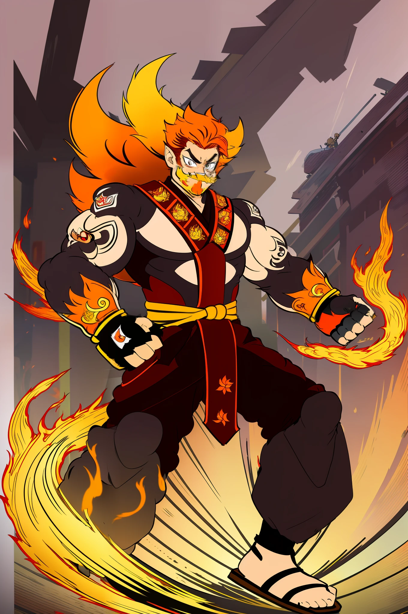 ryan westhearth, red hair, orange hair, fire hair, mustach, muscular male, kimono martial art , monk,, walking