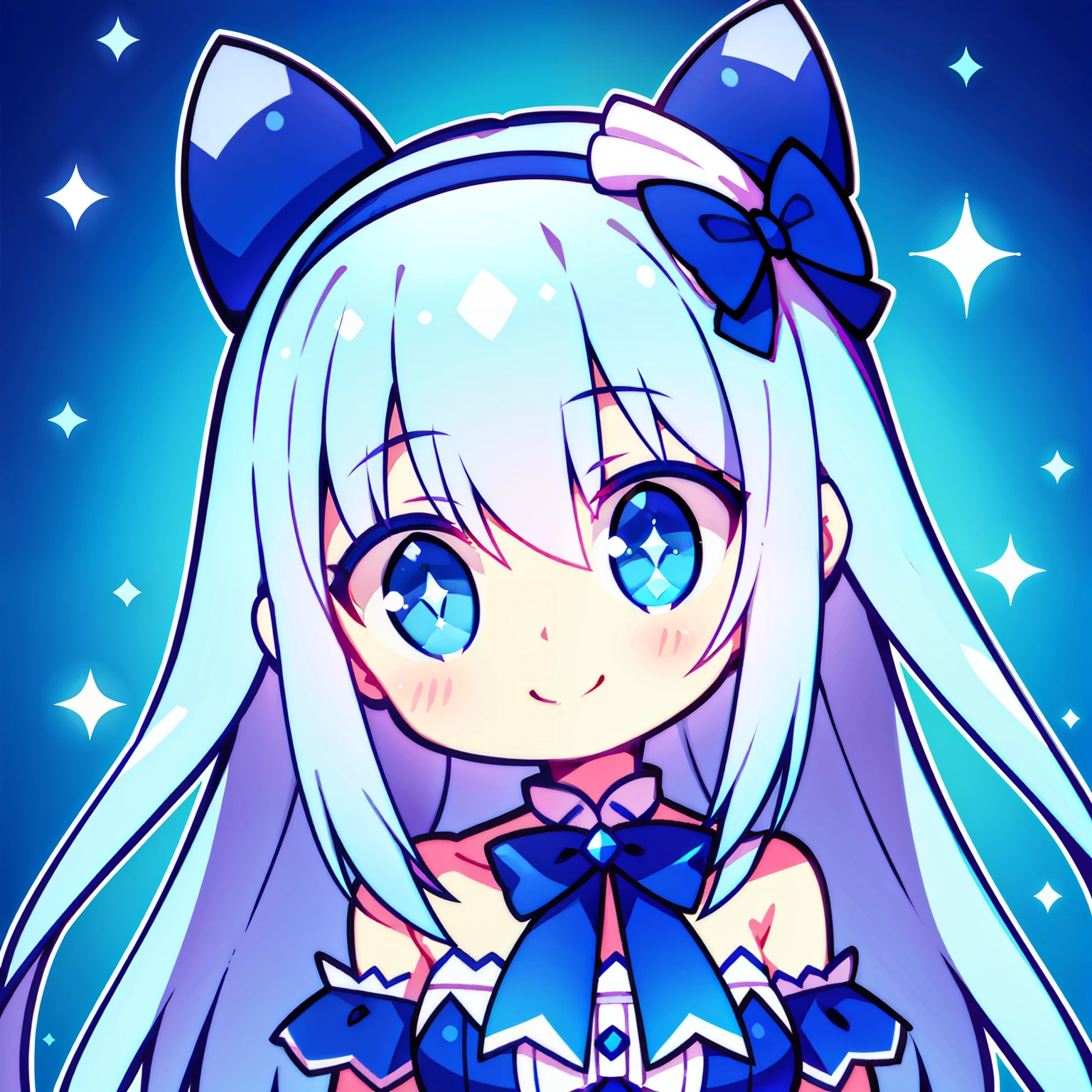 Sparkling blue eyes, cute bow beside the cheek, delighted smile, lace trims on shoulders